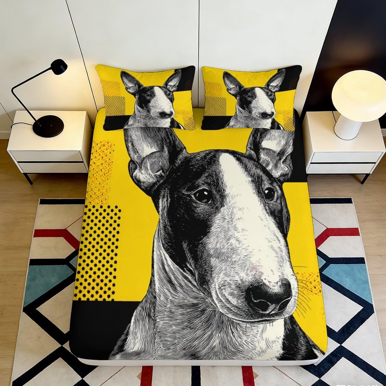 3D Printed Bull Terrier Fitted Sheet Microfiber Yellow Abstract Dog Pattern Mattress Cover for Bedroom Guest Room Decor 90x200x25cm