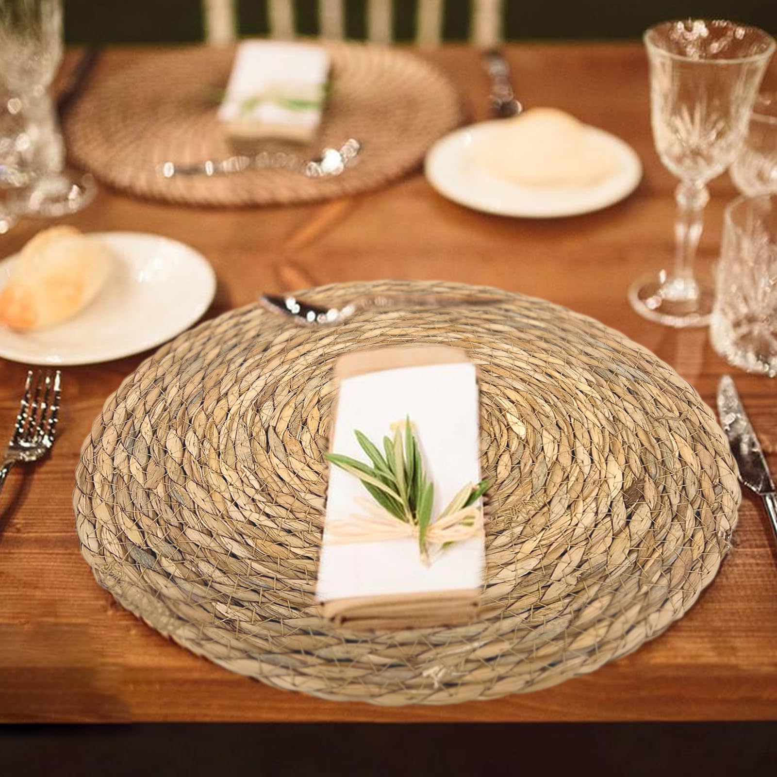 Lot de 12 sets de table ronds tissés, style Boho naturel, 30 cm, résistants à la chaleur, antidérapants, style ferme rustique, tressés tissés à la main – Pour table à manger, fête, mariage – Bulrush