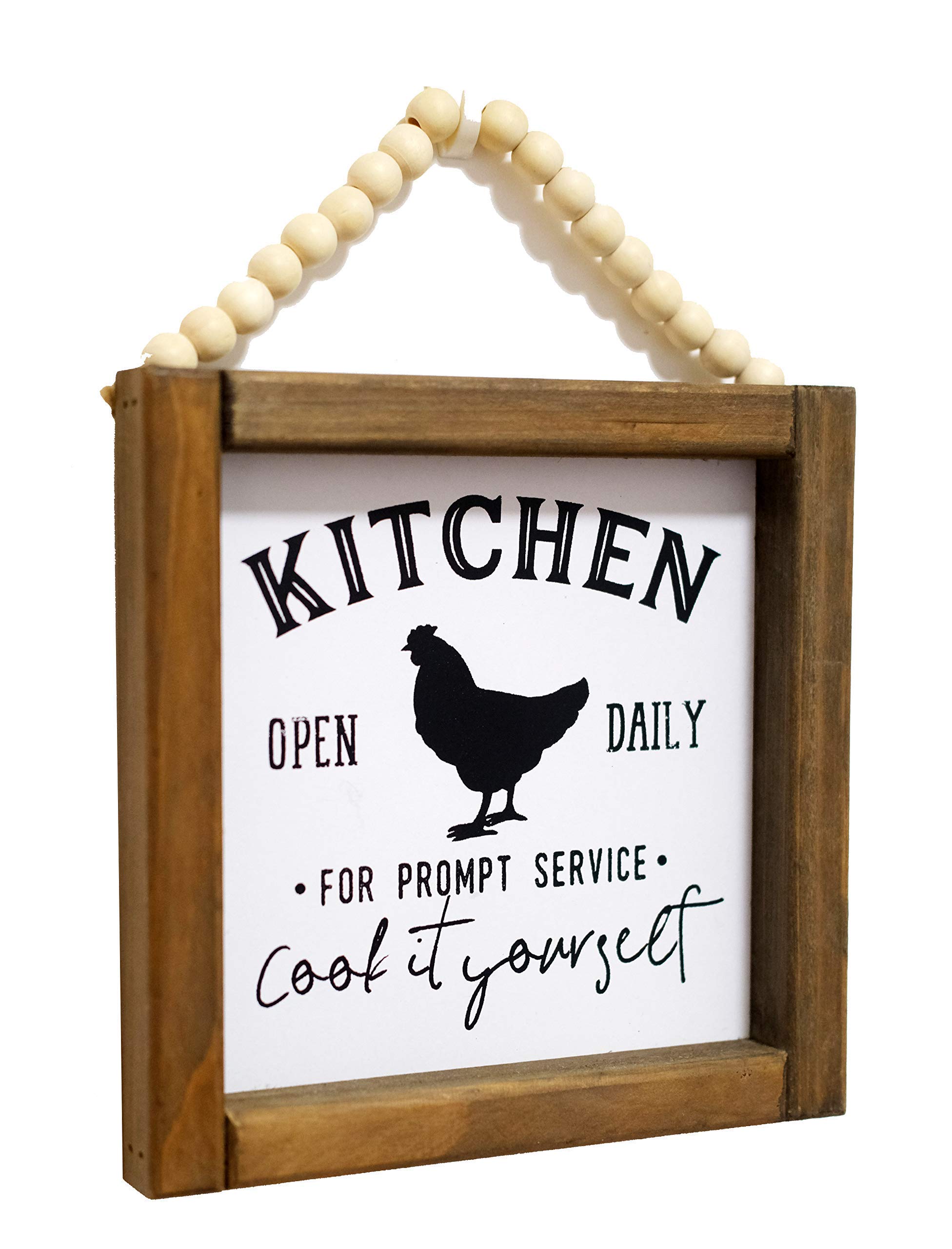 LIVDUCOT Kitchen Open Daily Funny Wooden Kitchen Wall Decor Sign With Beaded Hanger | Cute Rustic Framed Kitchen Wall Art | Farmhouse Humor Kitchen Decoration Sign Funny Quotes 8x8 Inch