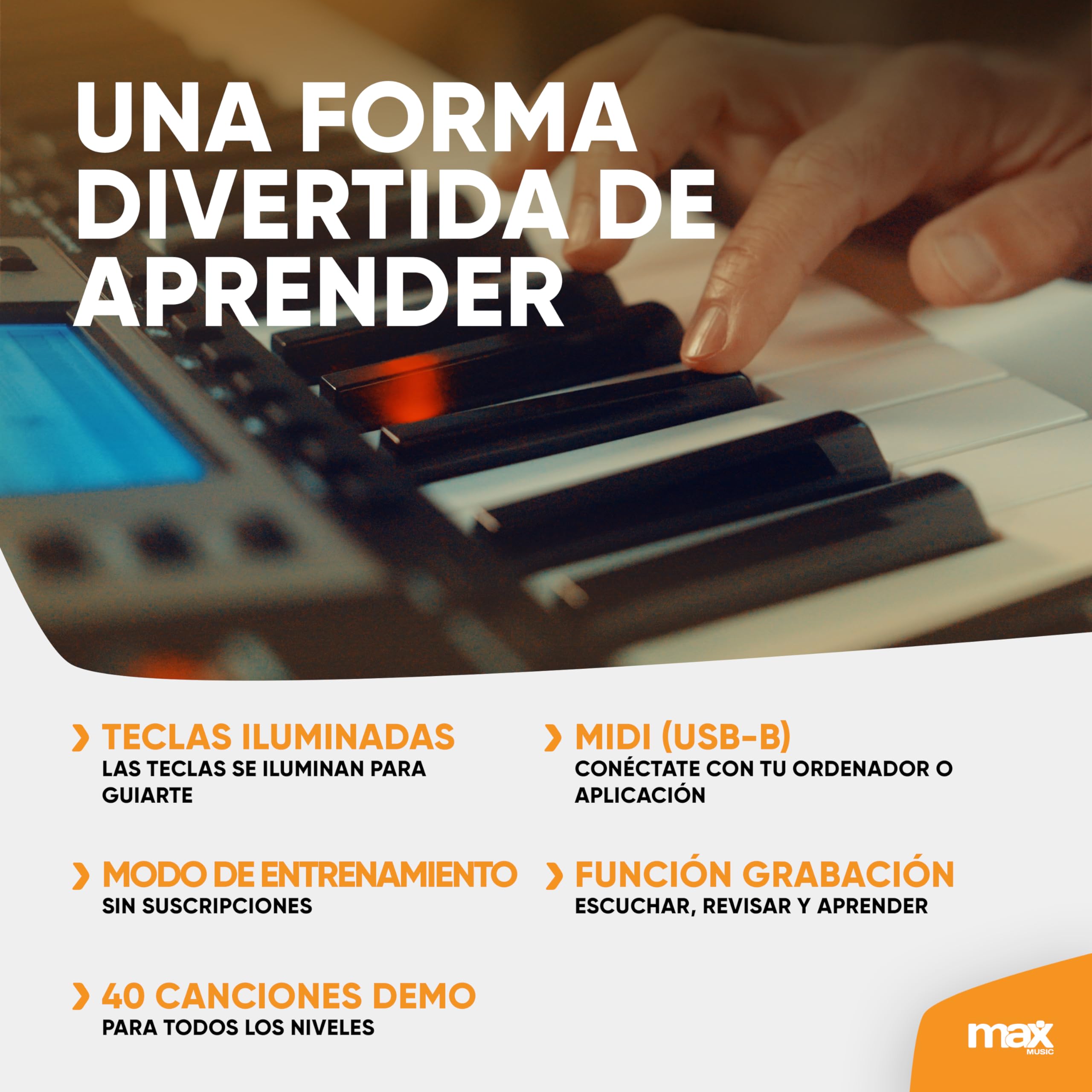 MAX Rhapsody61L Piano digital electrónico con 61 teclas luminosas, teclado de piano con altavoz, pantalla LCD, 40 canciones demo, función de aprendizaje, 300 sonidos, incluye auriculares y soporte