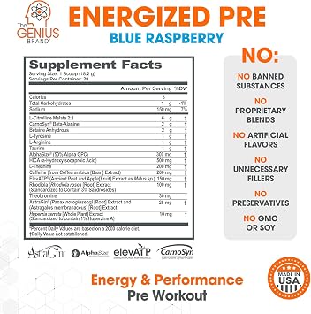 Genius Energized Pre Workout Powder Caffeine Infused Pre-Workout Booster Supplement with Beta Alanine & Alpha GPC, No Artificial Sweeteners or Dyes - 200mg Caffeine, 20 Servings, Blue Raspberry