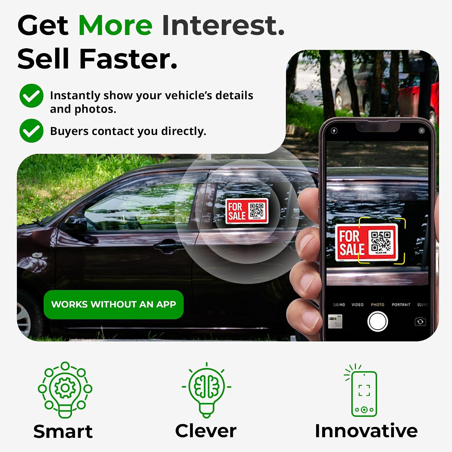 14×8 For Sale Car Sign (3-Pack) - QR-Only | Weatherproof | PVC Plastic | QR App Included