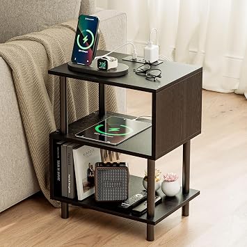 Frylr Small Side Table, End Table and Nightstand with 3-Tier Wood Shelves, Sturdy Metal Frame with 44 LBS Capacity per Shelf, Easy to Assemble for Living Room or Bedroom,Black