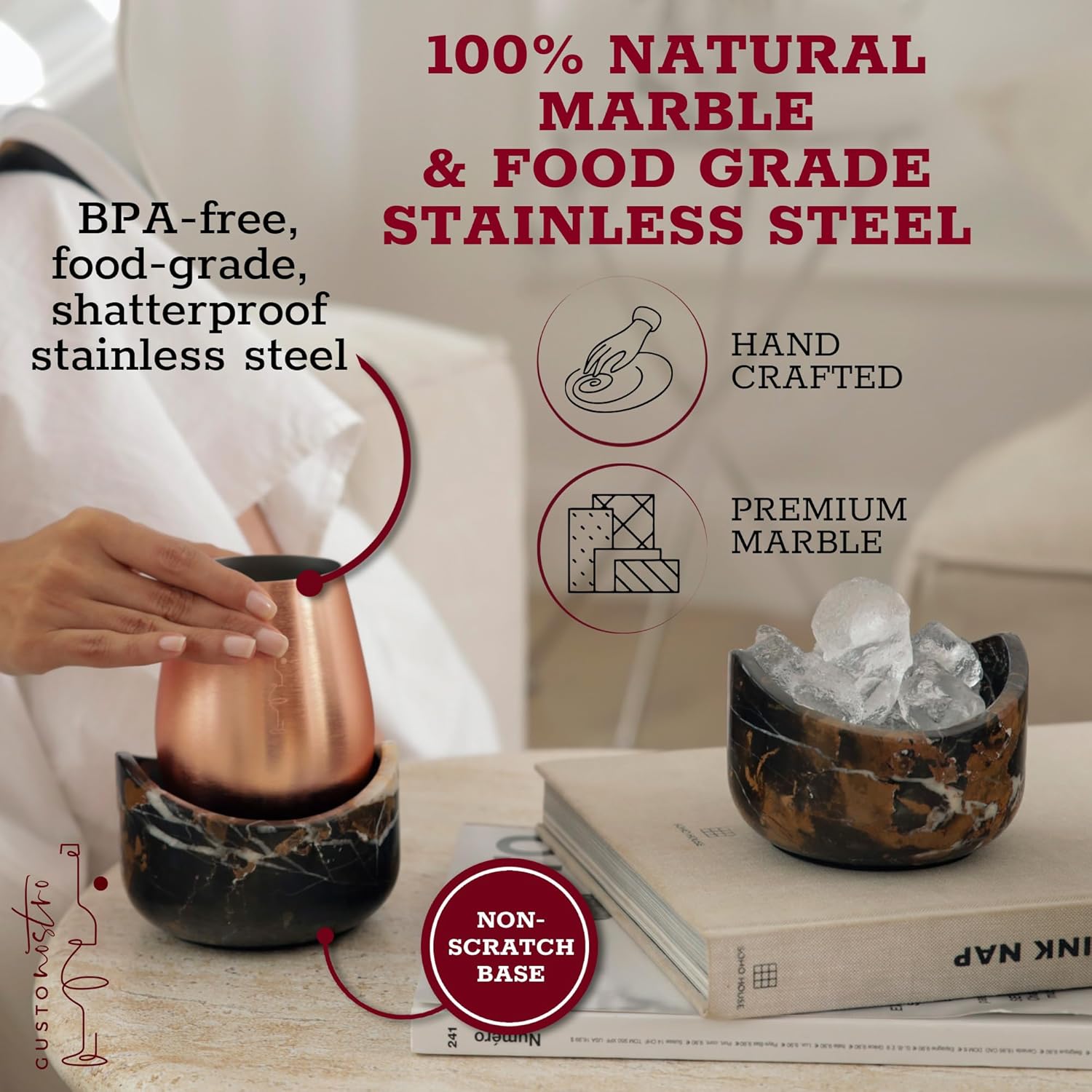 Gusto Nostro Marble Wine Chiller for Glass and Stainless Steel Tumbler Set of 2 - Wine Glass Chiller Holder for Freezer - Cool Set Chillers & Stemless Wine Metal Tumblers for Home,Bar (RoseGold Black)