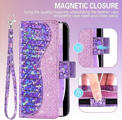 Miniatura 5 de Asuwish Funda de teléfono para iPhone Xs Max con protector de pantalla y correa para la muñeca, soporte para tarjeta de crédito con purpurina