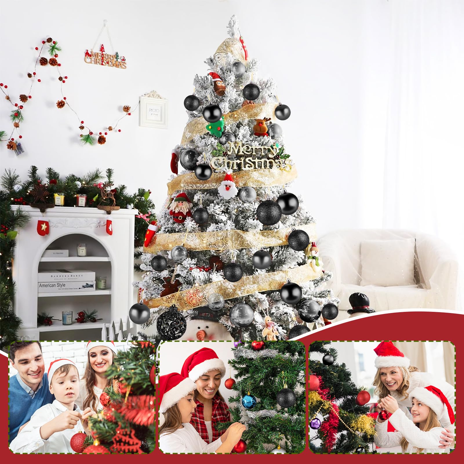 Taeku Palline di Natale Set, 100Pcs Plastica Addobbi Natalizi Palline Decorative Infrangibili Baubles di Natale con Ganci per Feste di Matrimoni e Natale (Nero)
