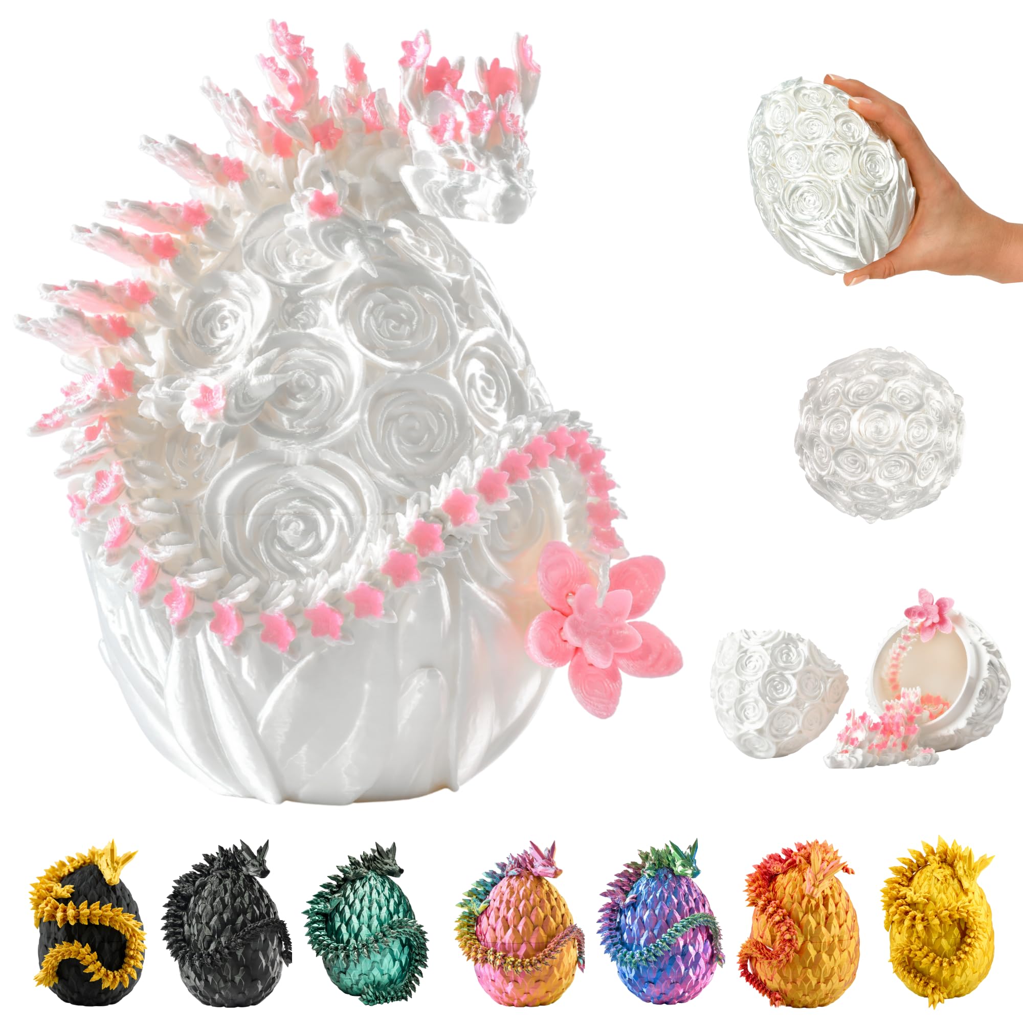 KAHAUS 3D Drache im Ei – 36 cm Deko- und Sammelfigur mit 12 cm Ei, Weiß-Rosa Fantasy Drache mit Blume, Bewegliche Sammlerfigur