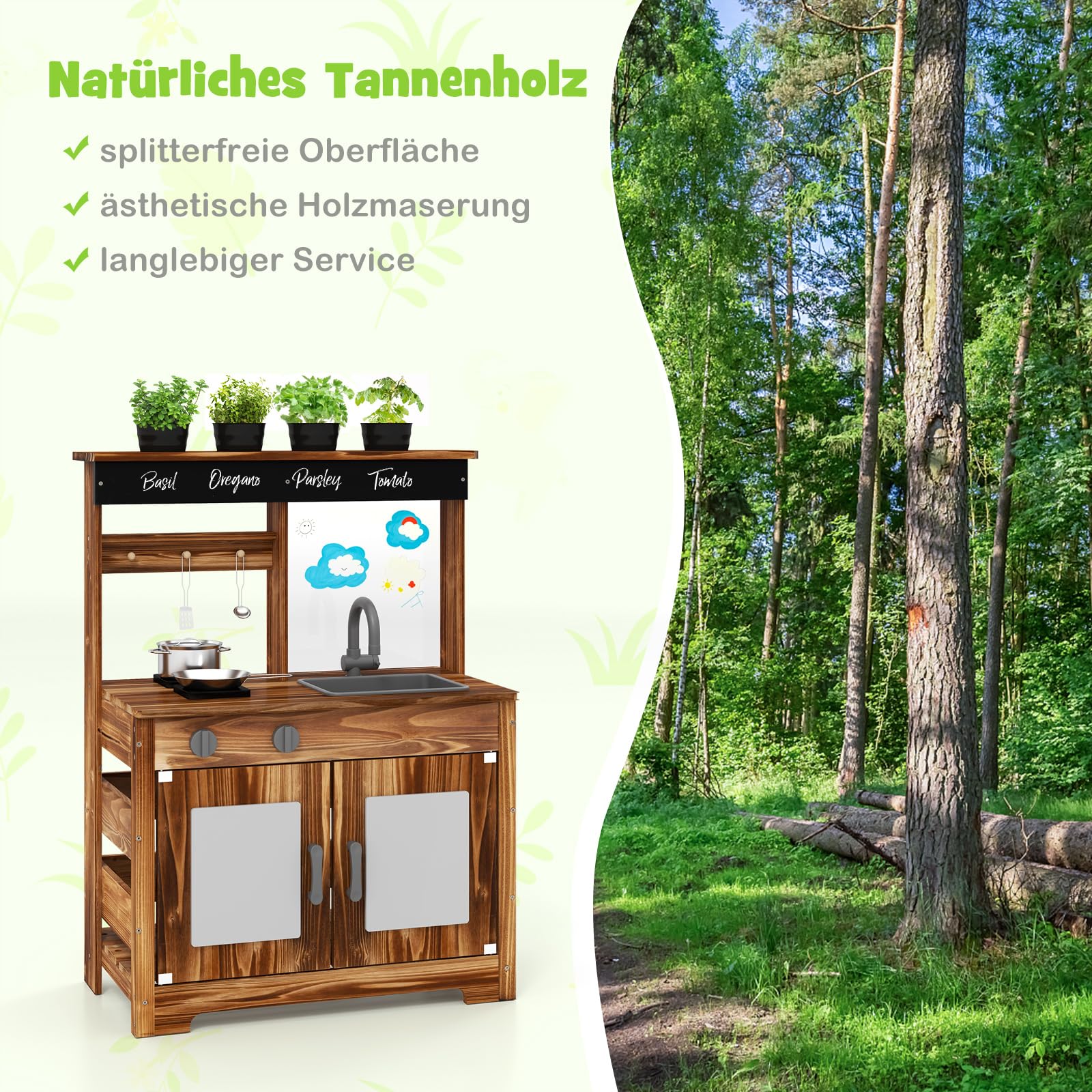 GOPLUS Matschküche Kinder Outdoor, Spielküche aus Tannenholz, Kinderküche mit 4 Kochzubehör & Pflanztöpfen, Spielküchen mit Kreidetafel, Spüle & Kochfeldern, Gartenküche für Kinder ab 3 Jahren