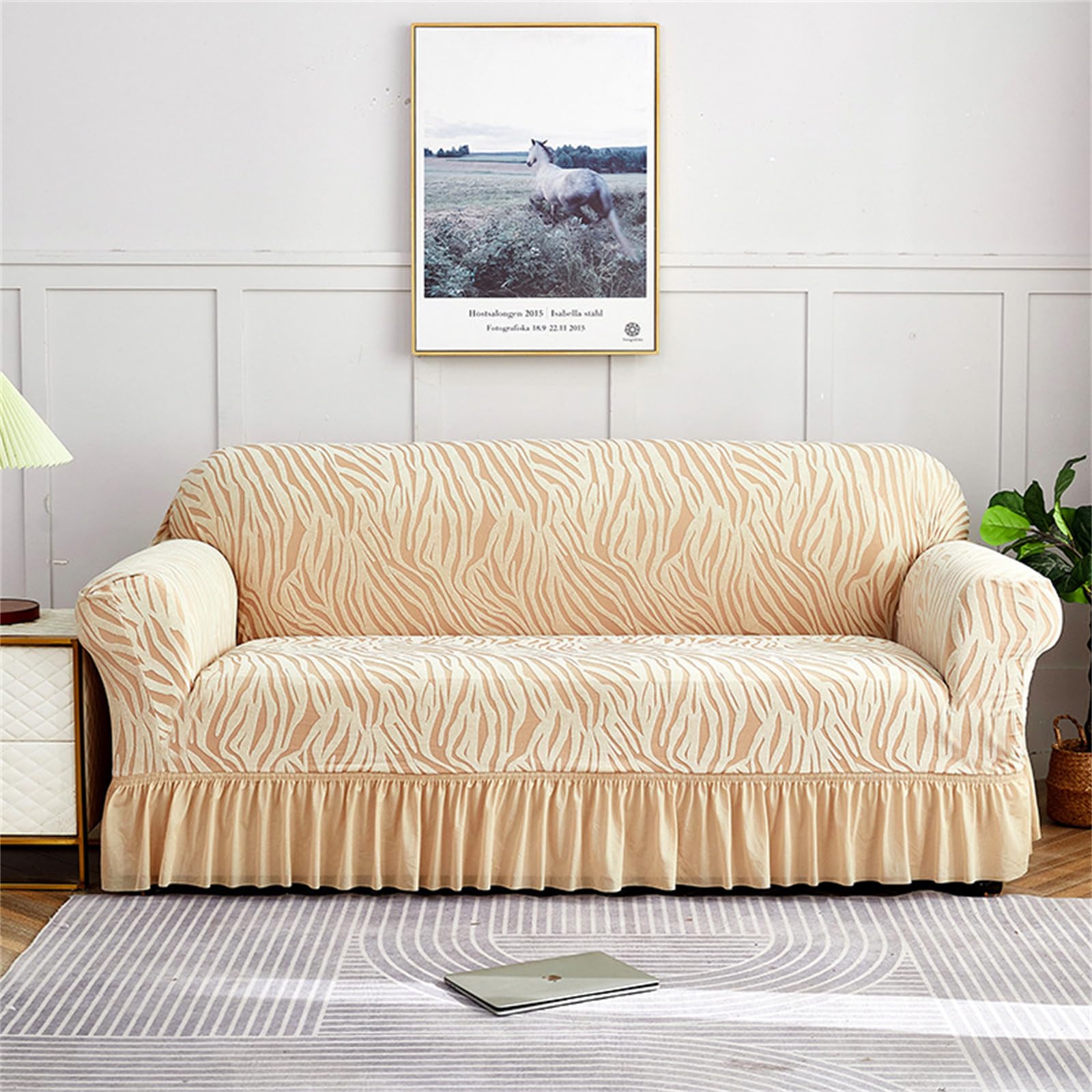 Hearda High Stretch Soft Sofa Covers 1/2/3/4 Seater, Elastic Non Slip Sofa Slipcover Washable Universal Couch Sofa Cover with Skirt (1 seat,Beige)