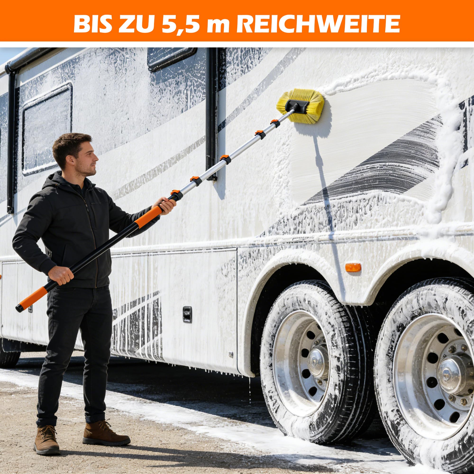 Autowaschbürste mit langem 4,3 m Teleskopstab, 30,6 cm weiche Borsten, für Auto, Wohnmobil, LKW, Boot & Solarpaneele, Orange