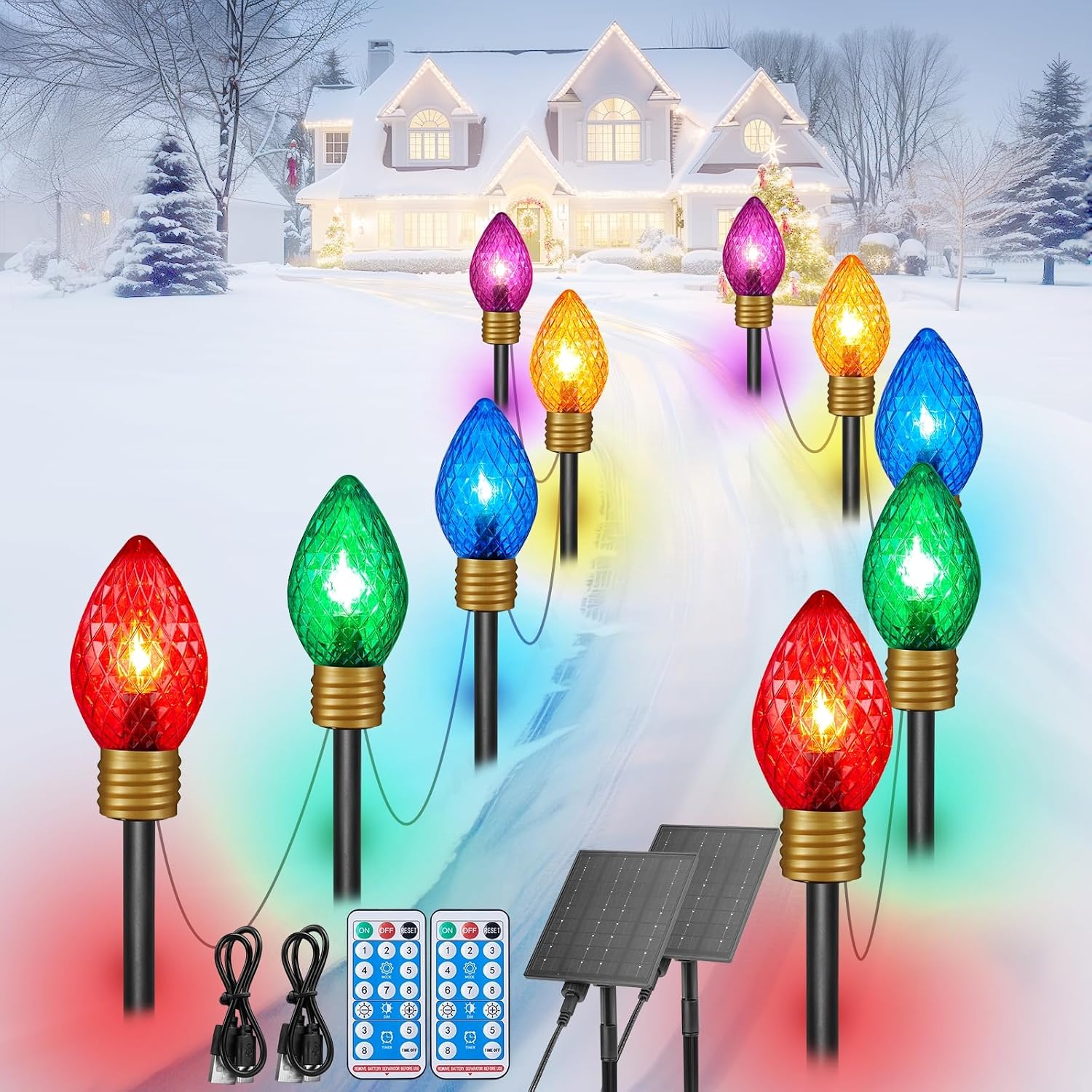 Brightown Solar Strawberry Jumbo Christmas Lights Outdoor - 2 Pack Total 44 FT 20 LED Jumbo C9 Christmas Pathway Lights with Timer, 8 Modes, Christmas Outdoor Decorations for Lawn Outside, Multicolor