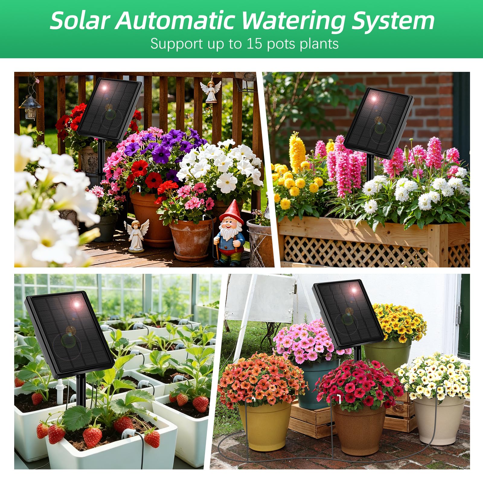 Solar Bewässerungssystem Automatisches Tröpfchenbewässerung System für 15 Topfpflanzen DIY-Bewässerungssystem Garten Pflanzen Bewässerung Set mit Timer für Gewächshaus/Balkon/Innen/Außenbereich
