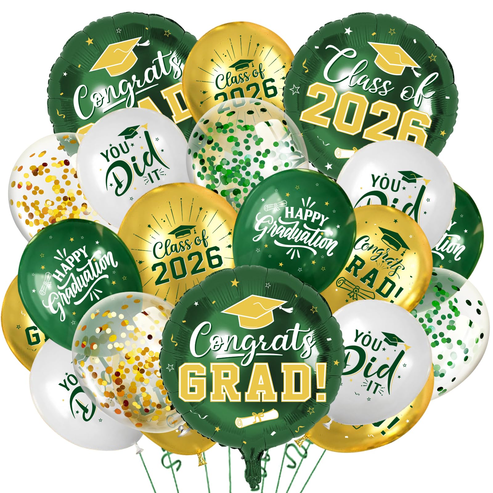 Green and Gold Graduation Balloons Graduation Decorations 2026, 51Pcs Grad Latex Balloons and Grad Foil Balloon with Confetti Ribbons Grad Party Decorations for College High School