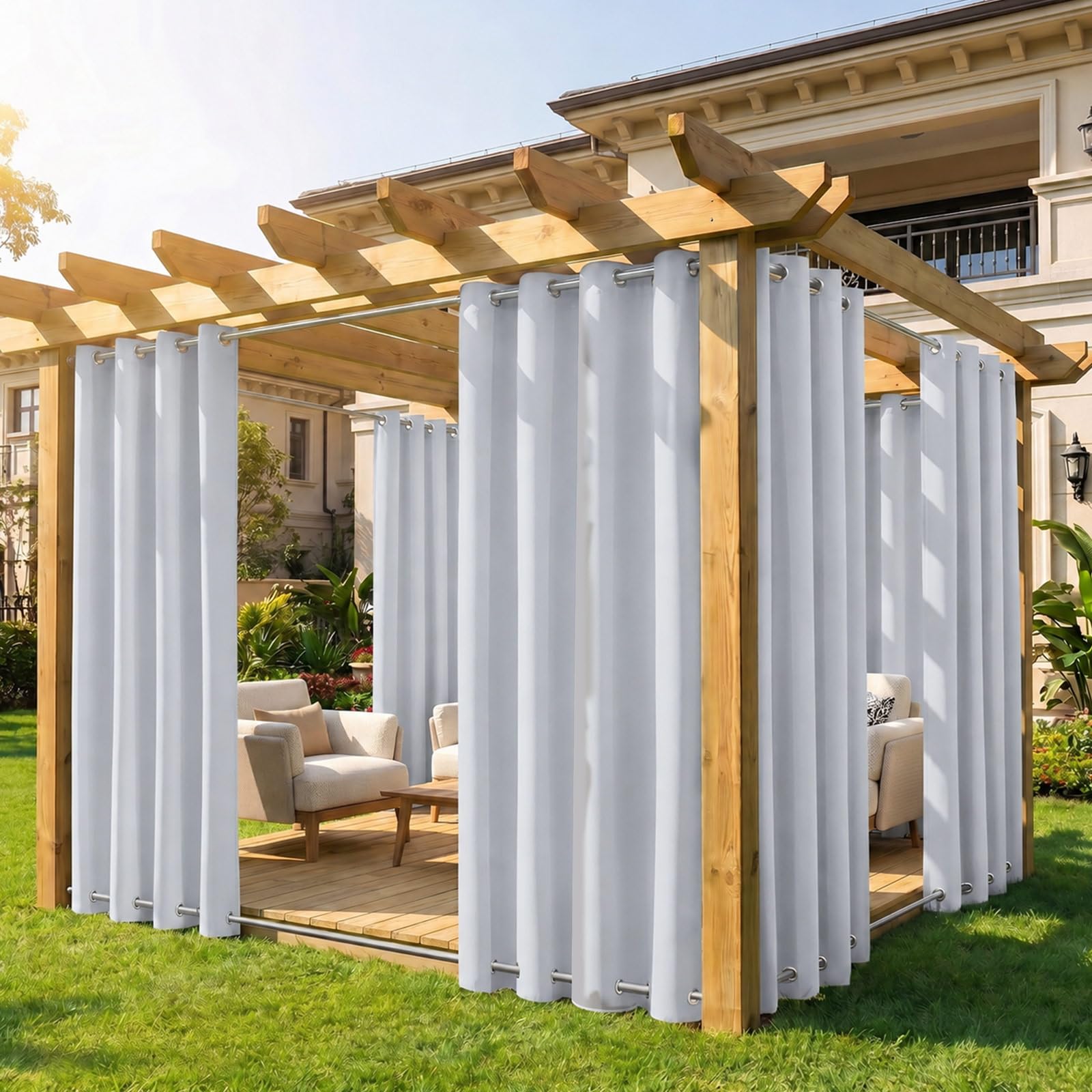 Rosnek Rideaux d'Extérieur, Lot de 2 Rideau pour Pergola, Rideau Exterieur Terrasse avec Œillets Supérieurs et Inférieurs,Imperméables, pour Balcon, Terrasse, Pergola (H 243 x L 132 cm, Gris-Blanc)