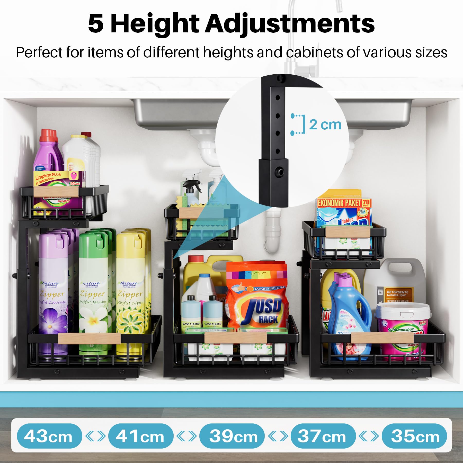 Rangement Sous Evier,Métal 2 Packs Rangement Sous Evier Cuisine,Robuste Organisateur Sous Evier Et Organisation De Pour La Cuisine,Salle De Bain(Noir)