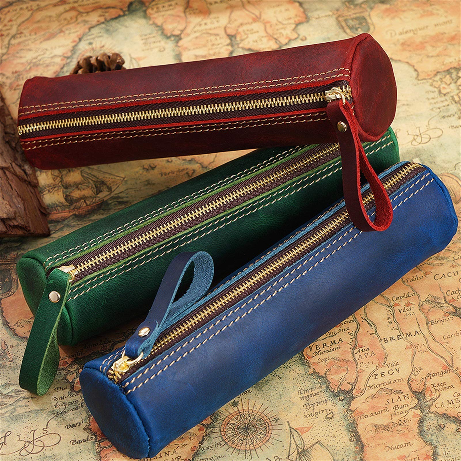 ACiyD Astucci per matite, portamatite Astuccio con Cerniera per Scuola, Ufficio e Lavoro Custodia in Vera Pelle per matite e pennelli (Verde Scuro, 20,5x5,2x5,2 cm) (Blu 20,5x5,2x5,2 cm)