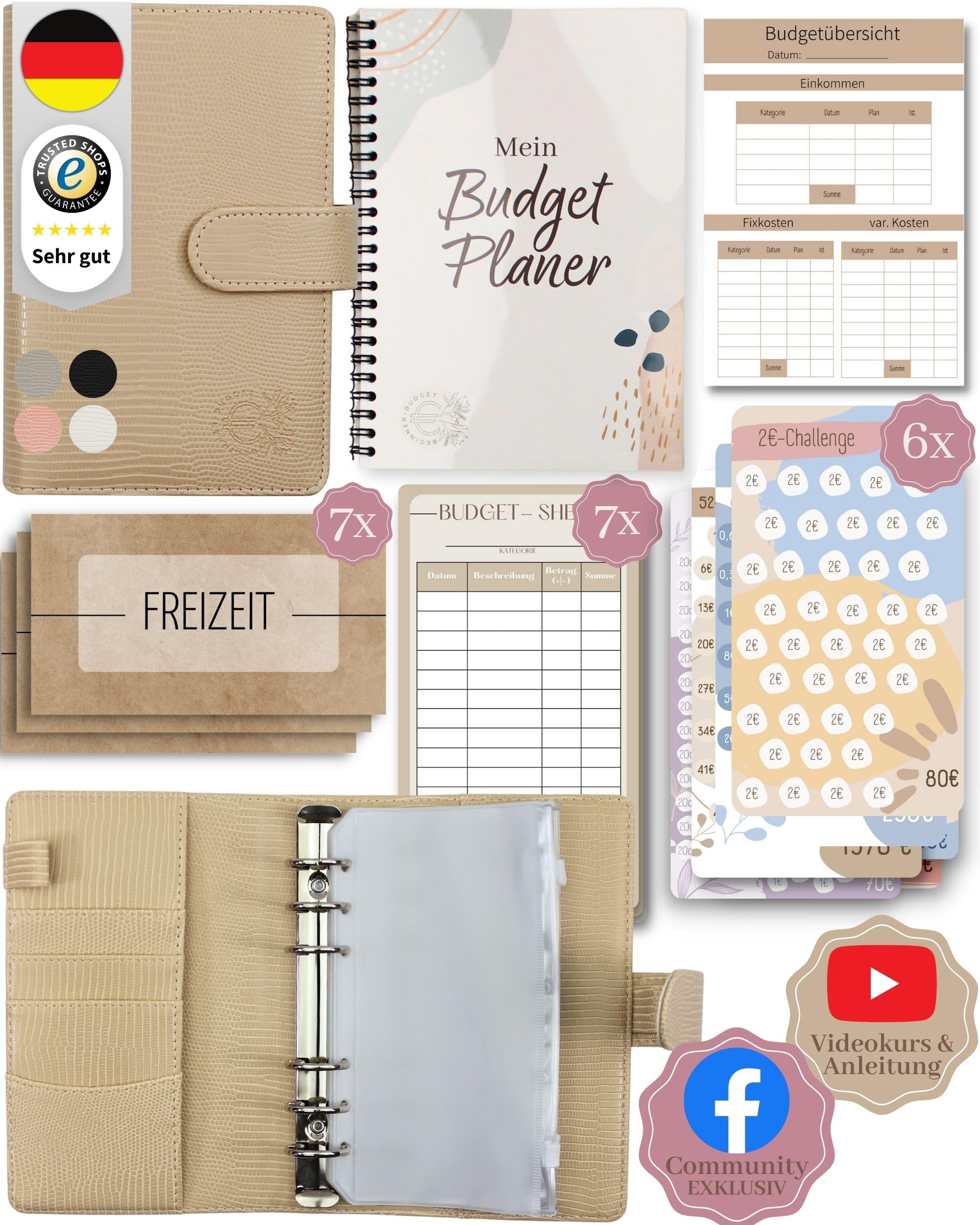 BeginnerBudget® Budget Planner tedesco – Starter set con agenda economica Sparchallenge in tedesco – Risparmia con metodo di busta + istruzioni – Raccoglitore ad anelli A6 – Rilegatura stile geco A6