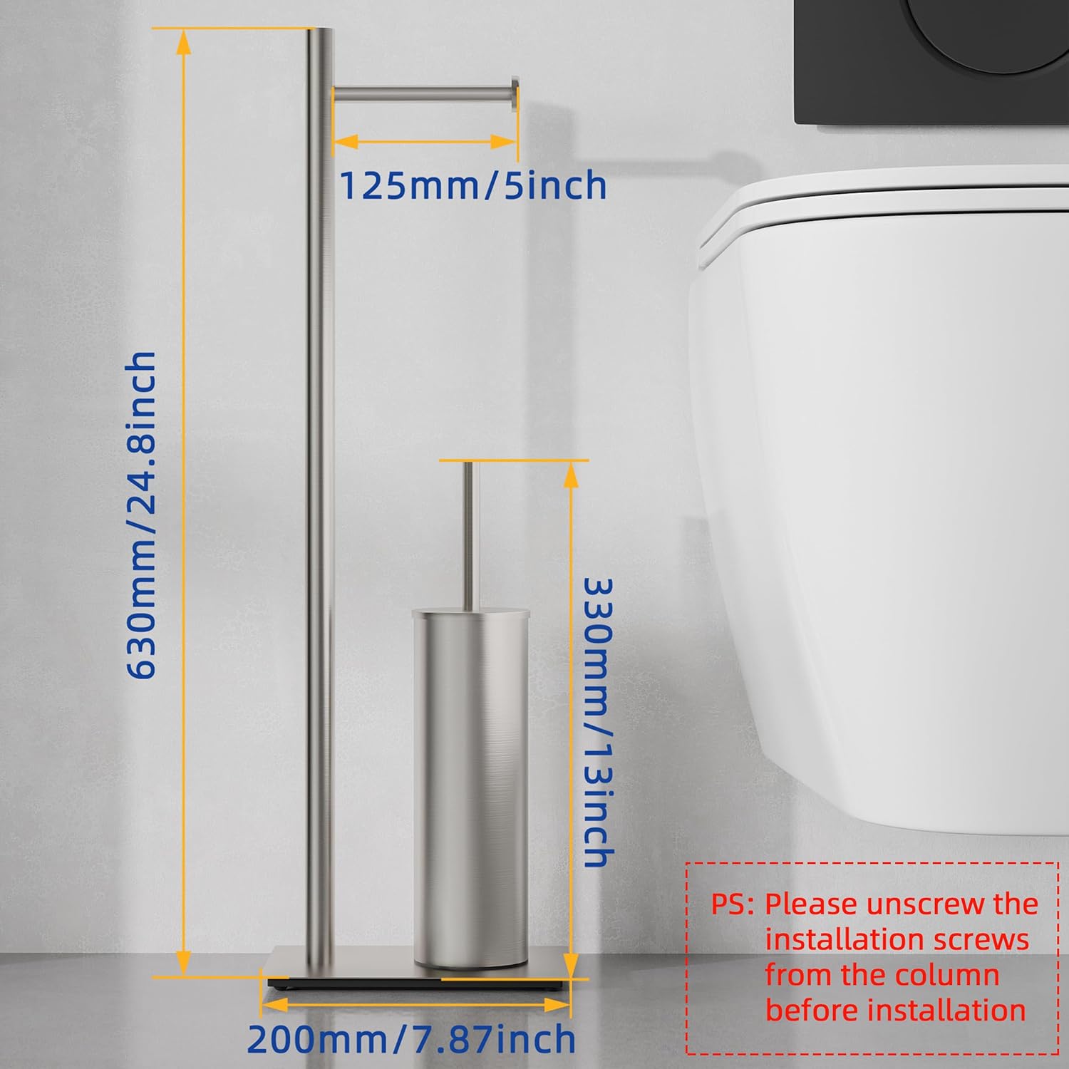 RUACQ Toilet Paper Holder Stand with Toilet Brush and Holder Set, 304 Stainless Steel Bathroom Toilet Tissue Paper Roll Holder Free Standing, Weighted Base, Heavy Duty (Brushed Nickel)