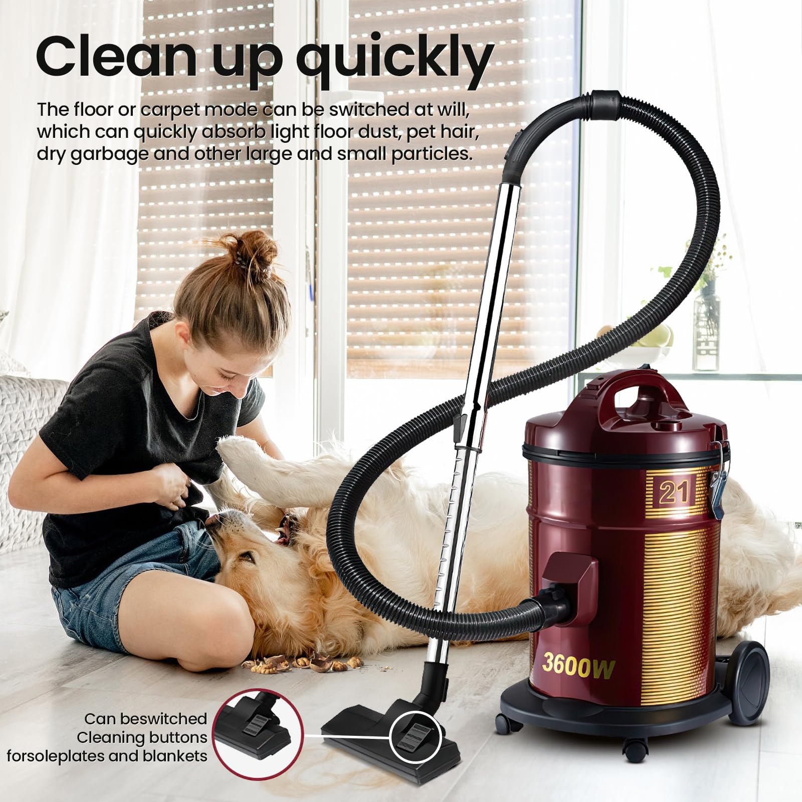 Aspirapolvere senza sacchetto, 21 l, potente aspirapolvere 3600 W, sistema a doppio motore, sistema di filtraggio triplo, manico leggero e regolabile, manico rimovibile, ideale per la pulizia di