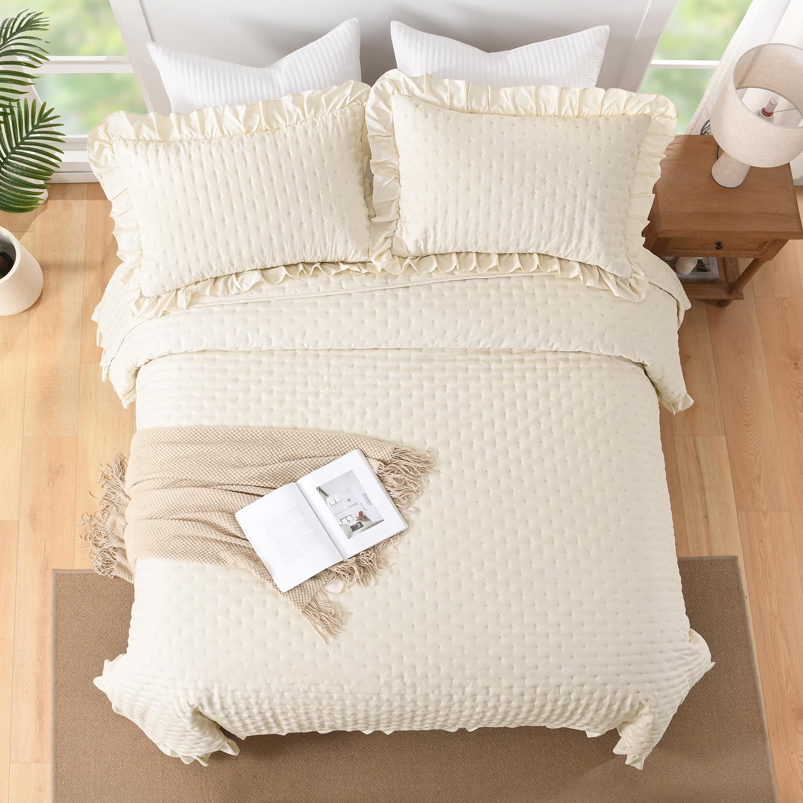 WONGS BEDDING Colcha de 240 x 260 cm, color beige, 3 piezas, incluye 2