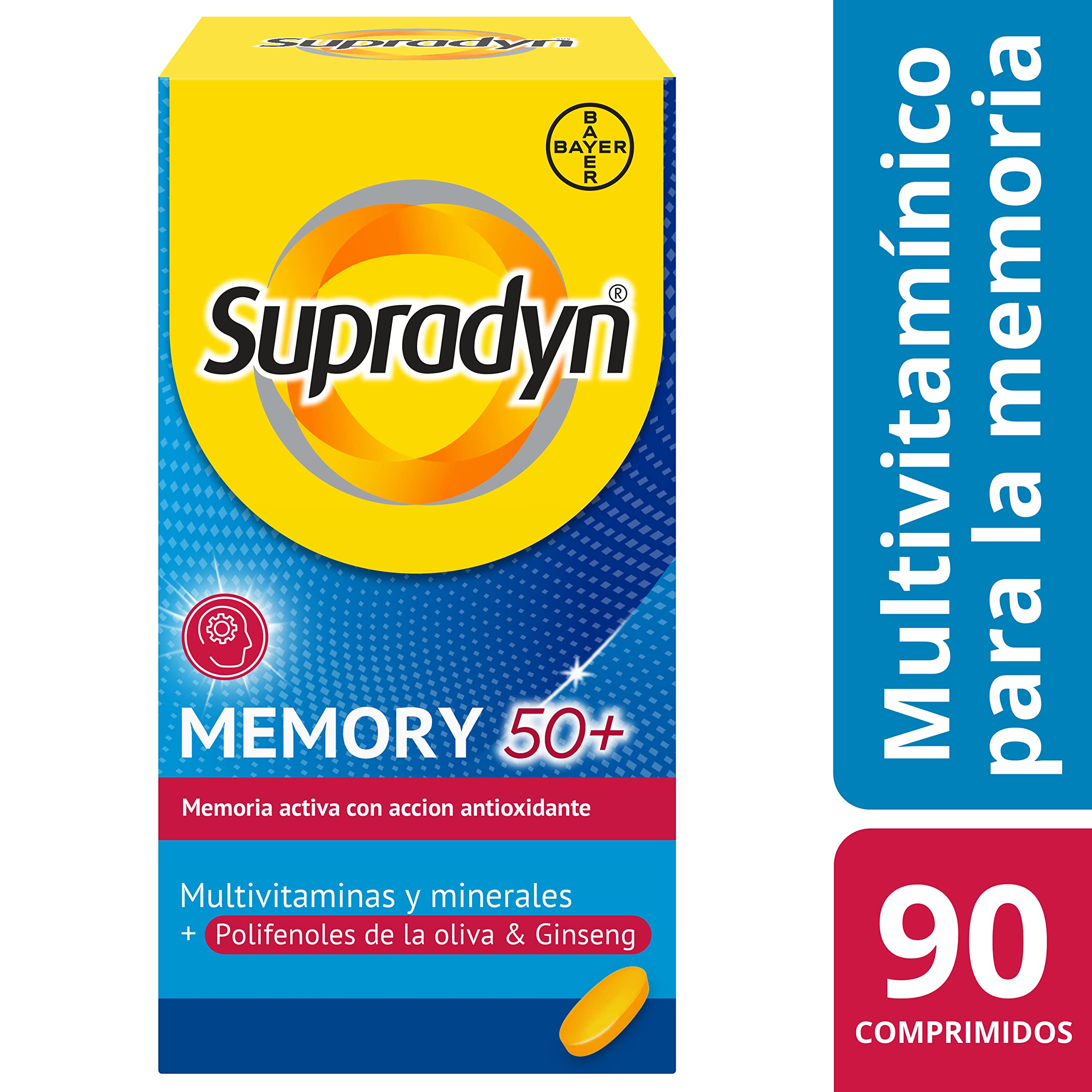 Supradyn Memory 50+ Multivitaminas Para La Memoria Y Concentración, Vitaminas, Vitamina C, Minerales, Ginseng, Zinc, Sin Glúten, Sin Lactosa, Naranja, Amarillo, 90 Comprimidos