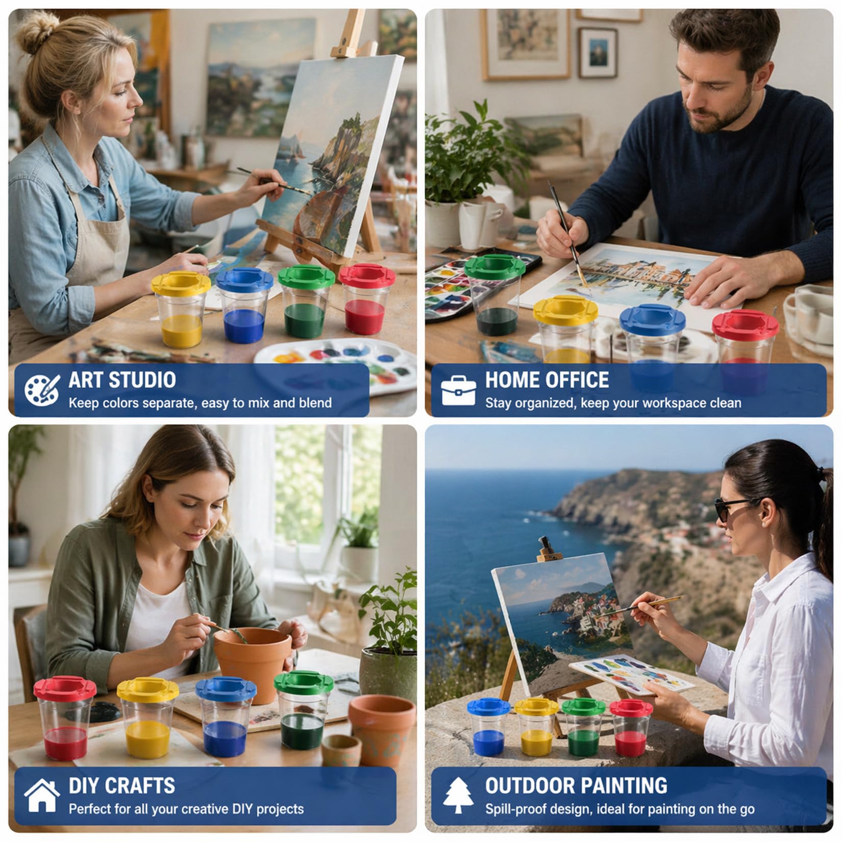 4 Pcs Gobelet pour Peinture Acrylique, Godets Anti-éclaboussures pour Peinture, Gobelet Aquarelle avec Couvercles, pour école et maison (multicolore), comprenant 1 set godets et 1 set pinceaux