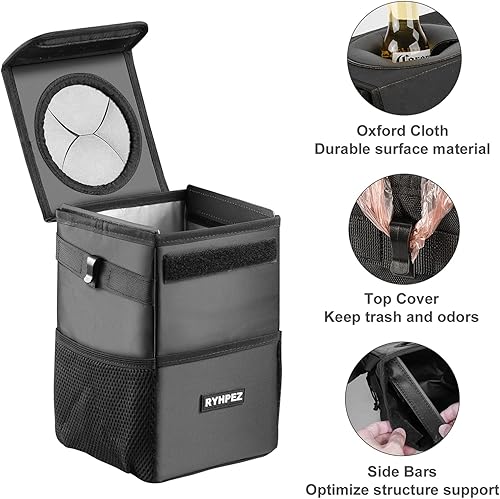 Miniatura 2 de Ryhpez Bote de basura para automóvil con tapa bolsa de basura para automóvil colgante con bolsillos de almacenamiento contenedor de basura plegable