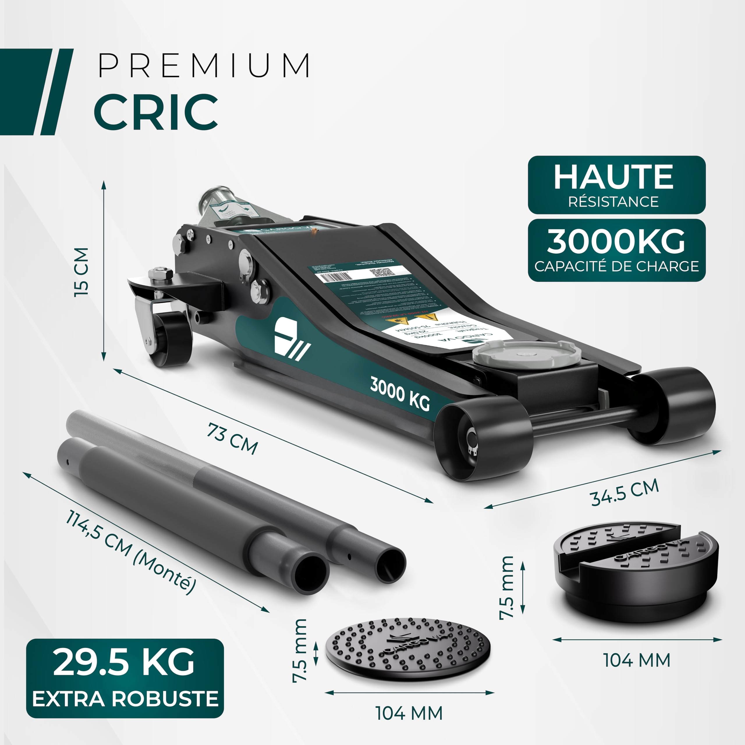 CargoVA Cric hydraulique 3T - Cric Plat avec Hauteur de Levage de 75 à 505 mm - Kit d'outils Professionnel avec Tapis de Genoux et 2 Patins en Caoutchouc - Idéal pour Les SUV et Les Voitures