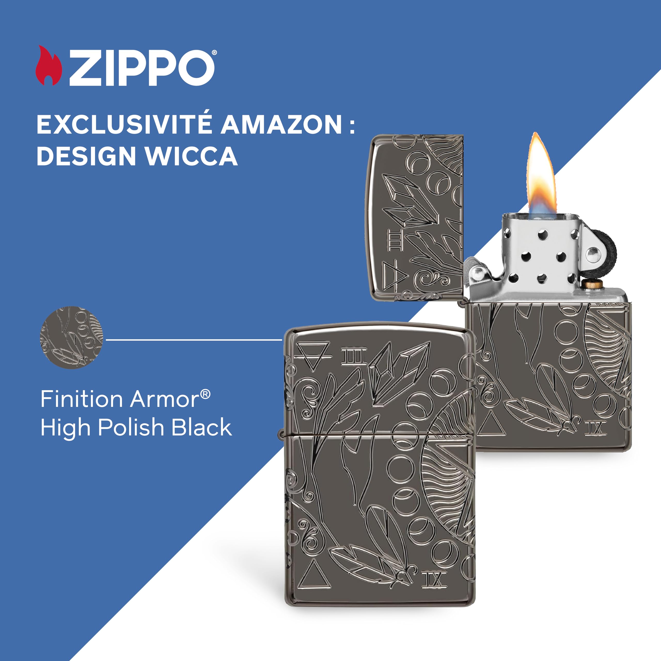 Zippo Briquet Tempête - Design Wicca, Multi Cut - Finition Armor Noir Poli Brillant - Rechargeable - Réutilisable - Design Coupe-Vent - Coffret Cadeau Fabriqué aux États-Unis