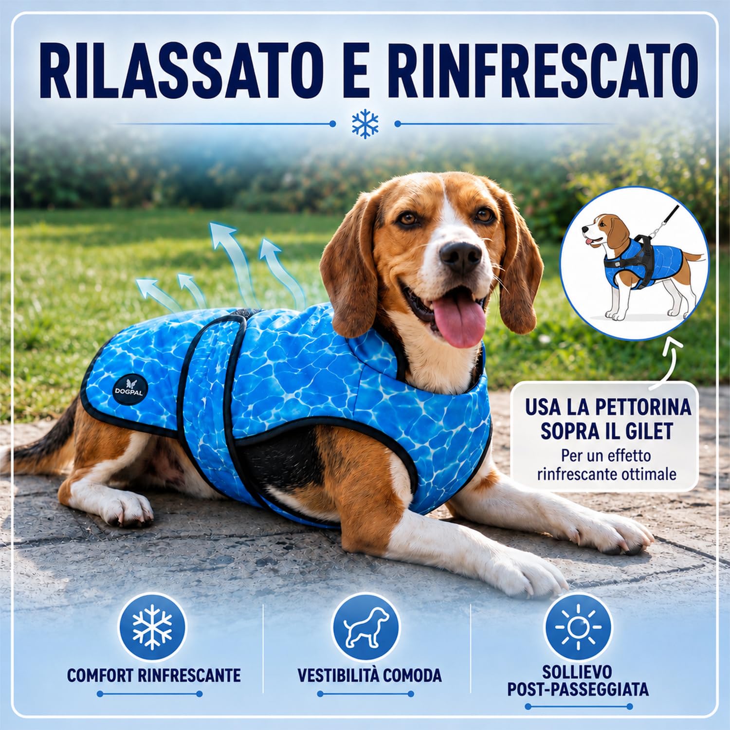 DOGOPAL Gilet Refrigerante per Cani, Giubbotto Rinfrescante Attivato dall'Acqua con Protezione UV, Maglia Estiva Leggera e Traspirante con Collo Alto per il Caldo, Passeggiate e Outdoor (Blu, XL)