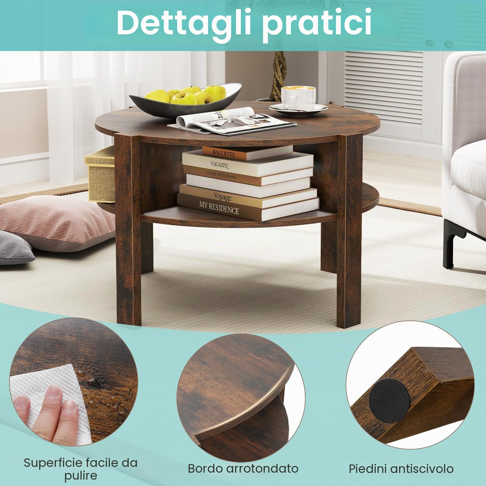 LIFEZEAL Tavolino Salotto Rotondo a 2 Ripiani con 4 Scomparti Aperti, in Legno, Tavolino da Caffè, Divano, Tavolo Soggiorno, Industriale, Salvaspazio, Semplice, Ø74,5x45,5cm, Max 100kg, Marrone