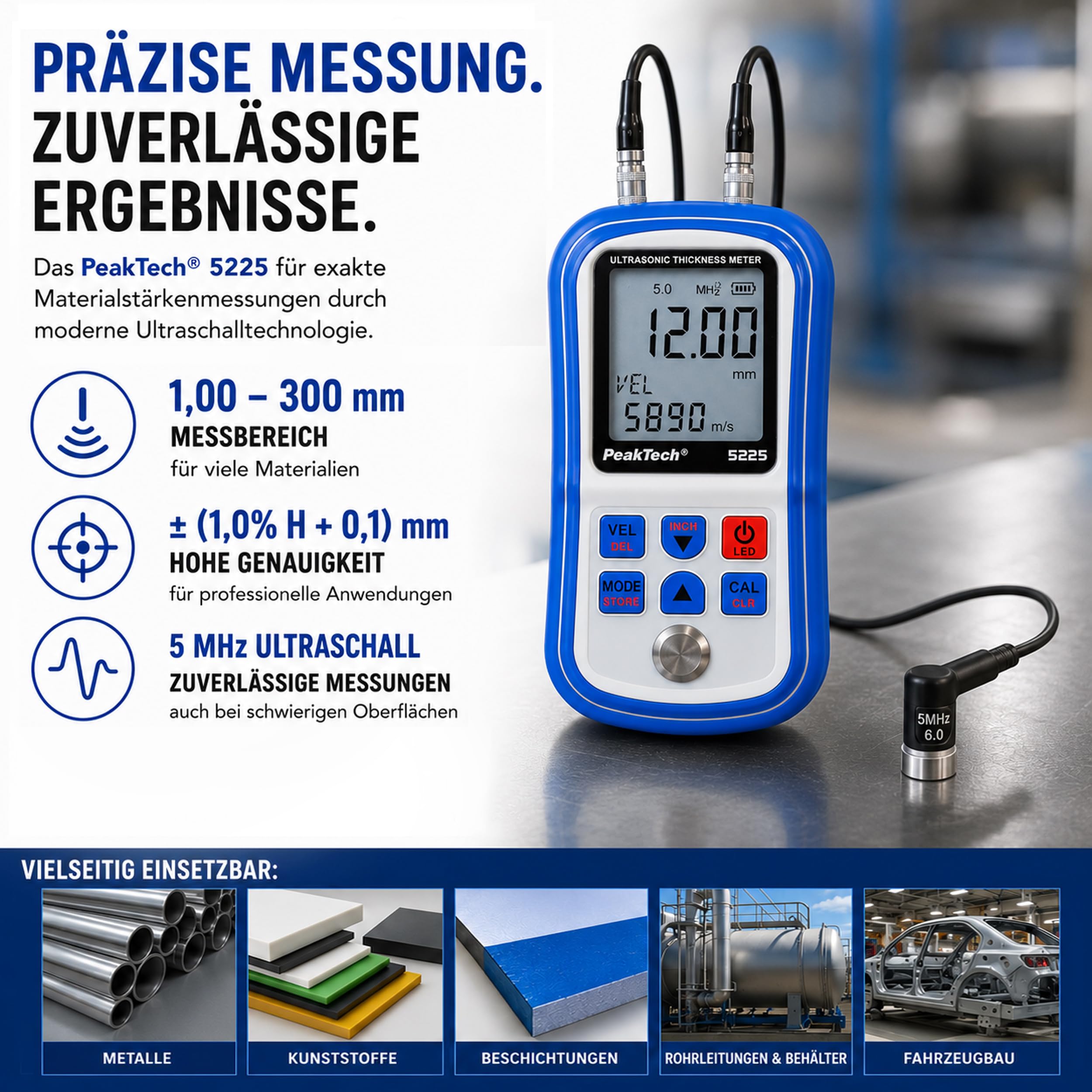 PeakTech P 5225 Spessimetro a ultrasuoni 1,00-300,0 mm Risoluzione