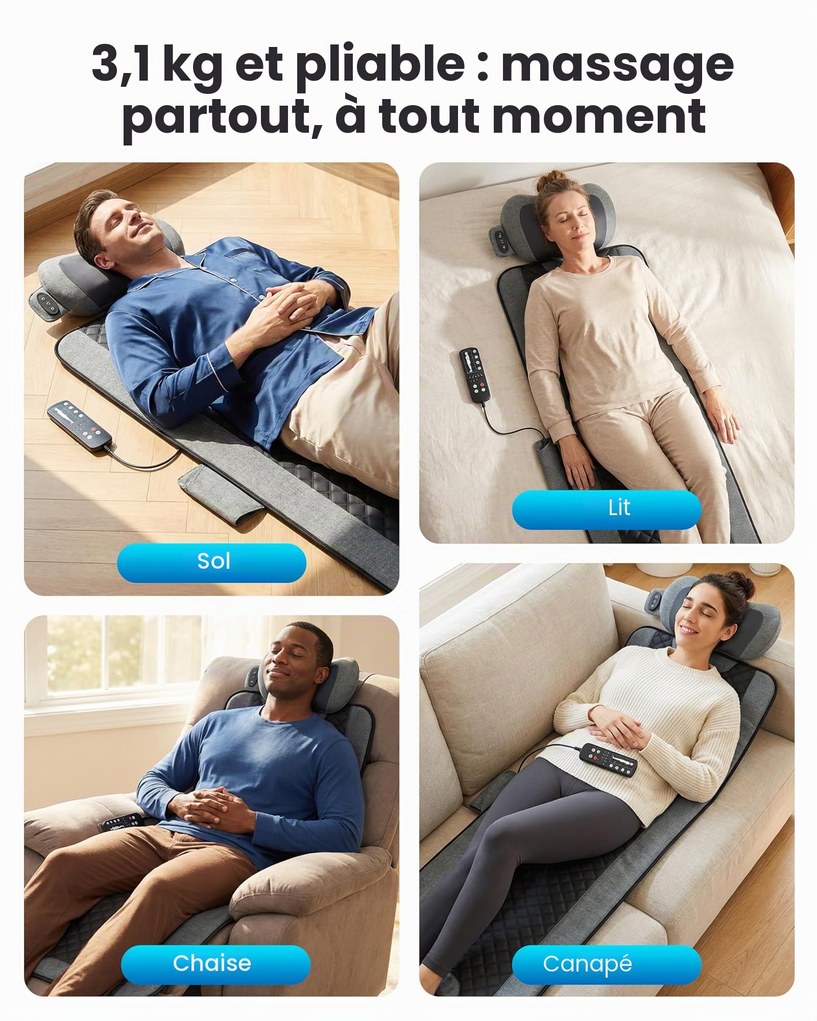 COMFIER Tapis de massage chauffant, surmatelas de massage à 10 moteurs avec appareil de massage Shiatsu pour la nuque, pour le dos, les jambes et la nuque, 160 x 56 cm, cadeau pour maman et papa