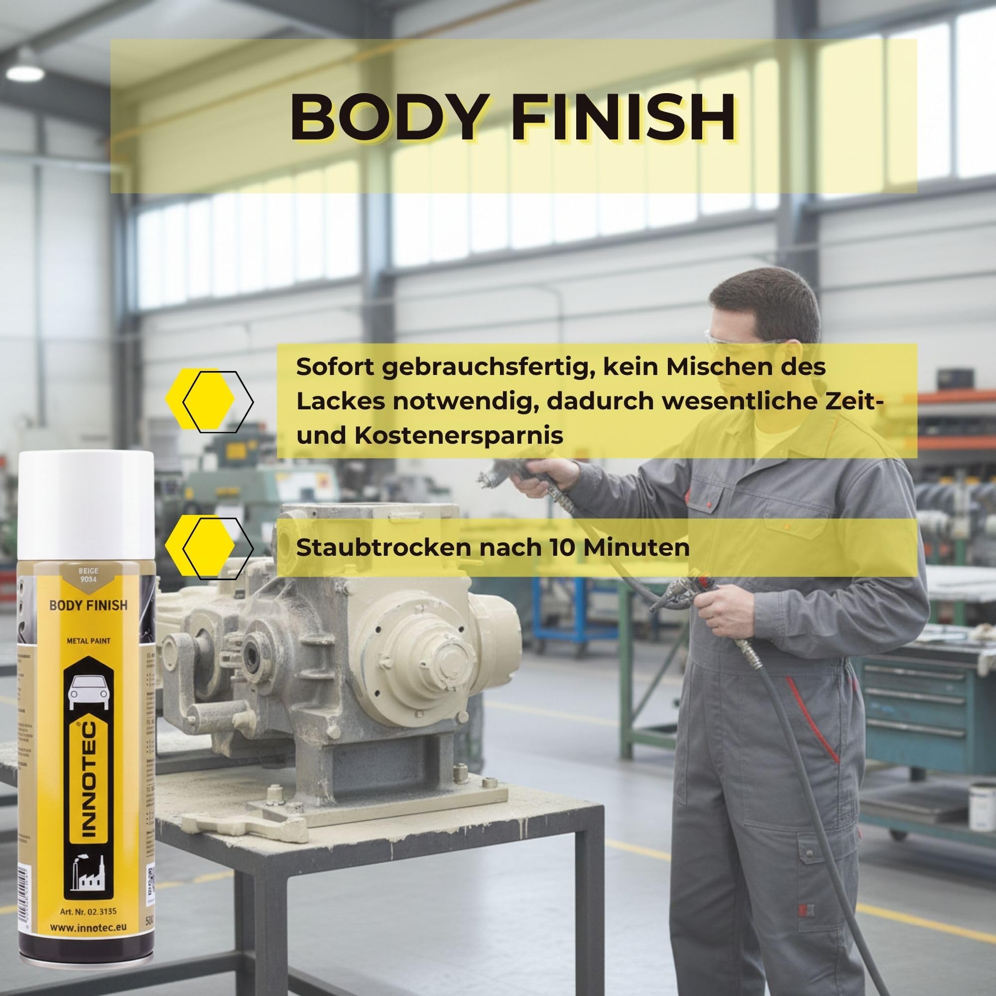 2 Stück INNOTEC Body Finish 500 ml Beige – 1K-Acryl-Premium Grundierlack für das Lackieren von reparierten oder ersetzten Blechteilen an PKW, LKW & Maschinen – korrosionsschützender Reparaturlack