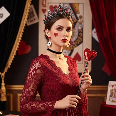 5Pcs Red Heart Queen Accessories Set with Queen Crown Earring Necklace Wand