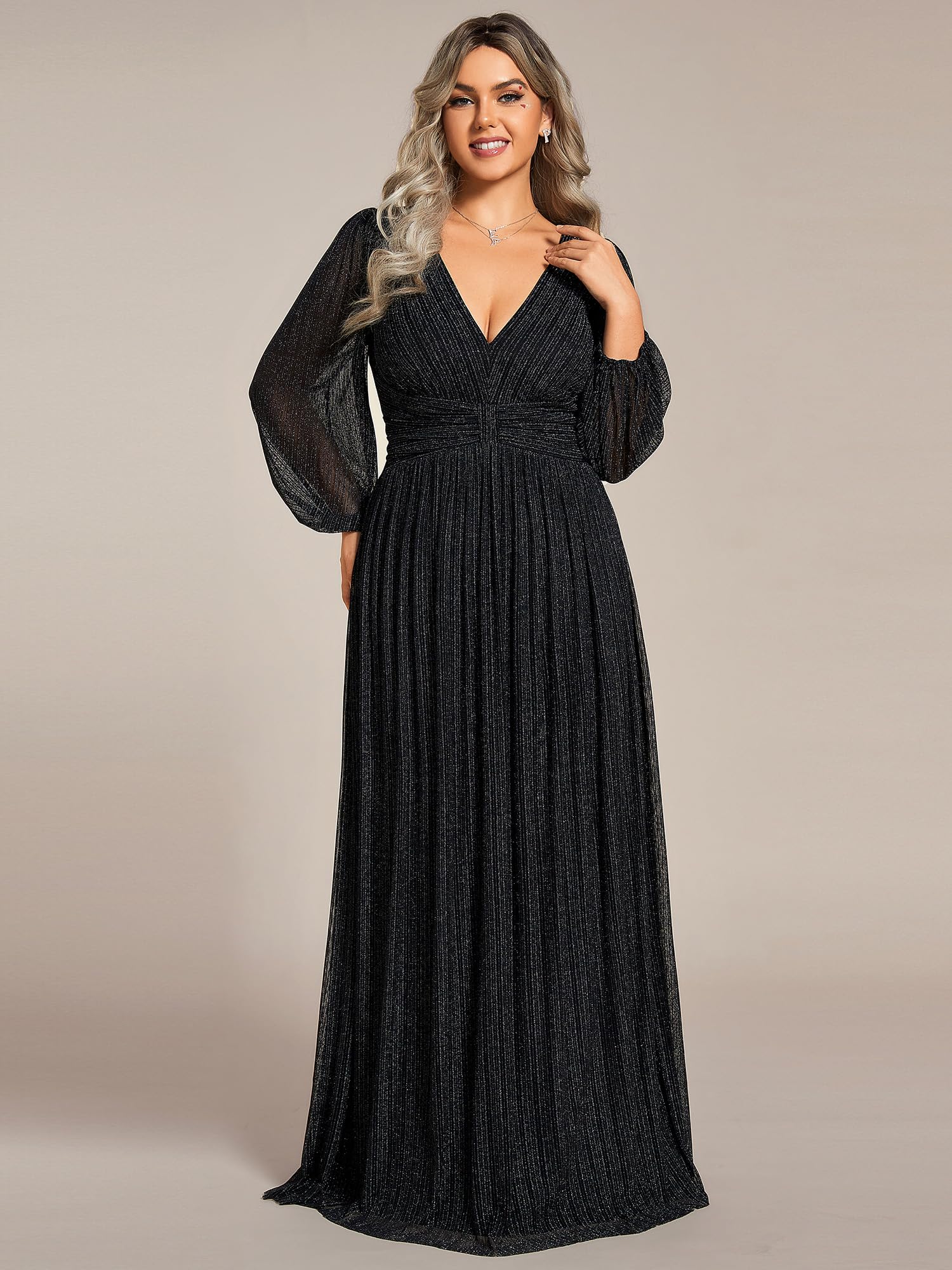 Ever-Pretty Robe de soirée formelle plissée à manches longues et col en V pour femme, taille empire, longueur au sol, grande taille
