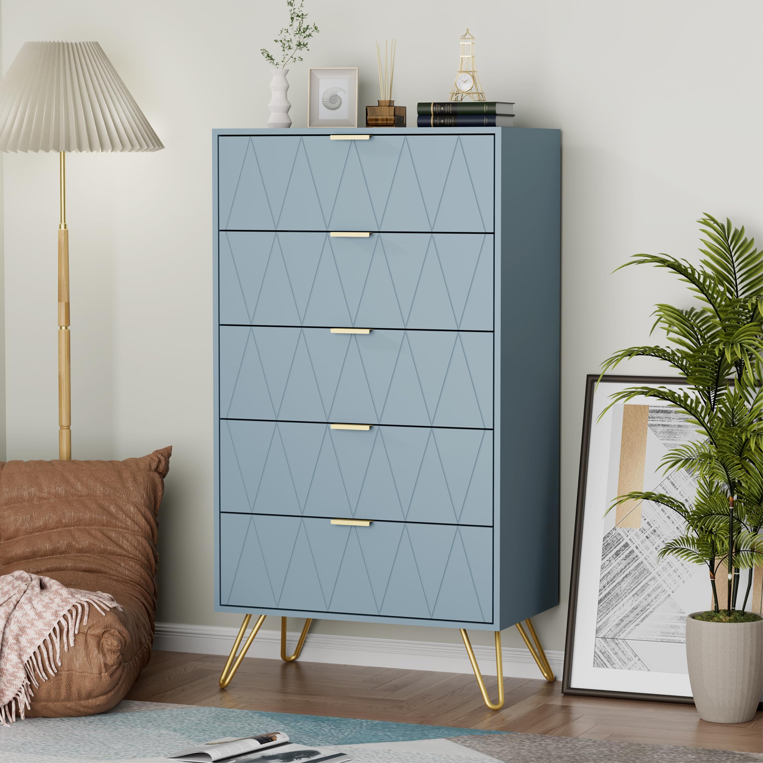 UEV Cassettiera a 5 Cassetti, Comò con Modello di linee di superficie in Legno Ingegnerizzato, con Maniglie e Gambe Dorate, per Soggiorno, Camera da Letto, Corridoio, 60 x 34 x 110 cm, Grigio-Blu