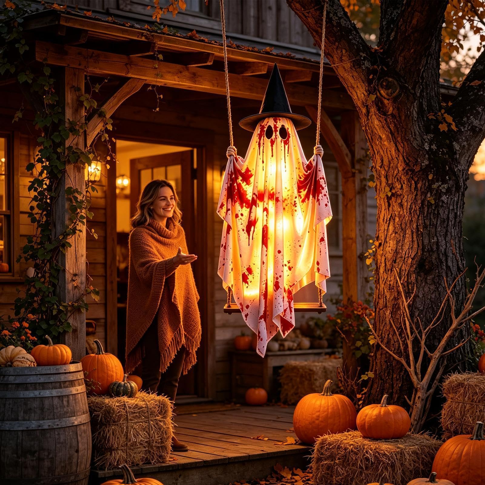 Decorazioni Halloween Fantasma Da Esterno Ornamento Luminoso Per Giardino | Ornamento Fantasma Dondolante Appendibile per Giardino Portico Cortile Patio Ramo d'Albero Grondaia Festa Casa Appartame