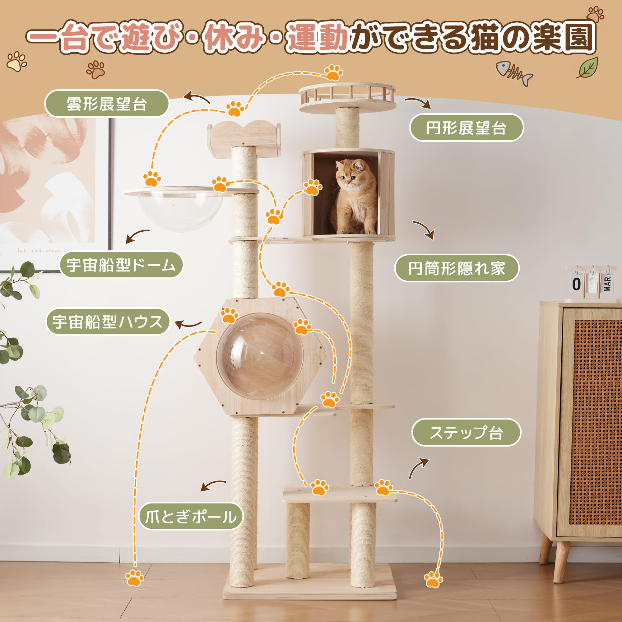猫タワー 木製 高さ179cm 展望台2つ 宇宙船 円筒形隠れ家 爪とぎポール Amazon | キャットタワー 木製 高さ179cmの大型猫用 360°雲形・円形