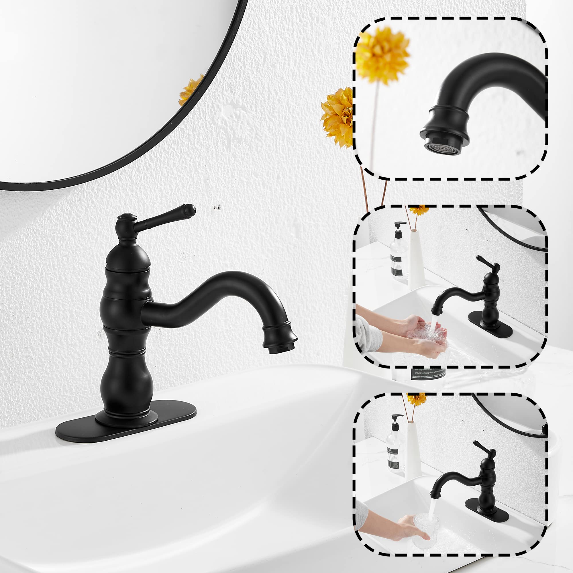 Matte Black Bathroom Faucet GGStudy 360° Swivel Bathroom Vanity Faucet Single Handle One Hole Black Bathroom Sink Faucet Basin Matching Pop Up Drain with Overflow