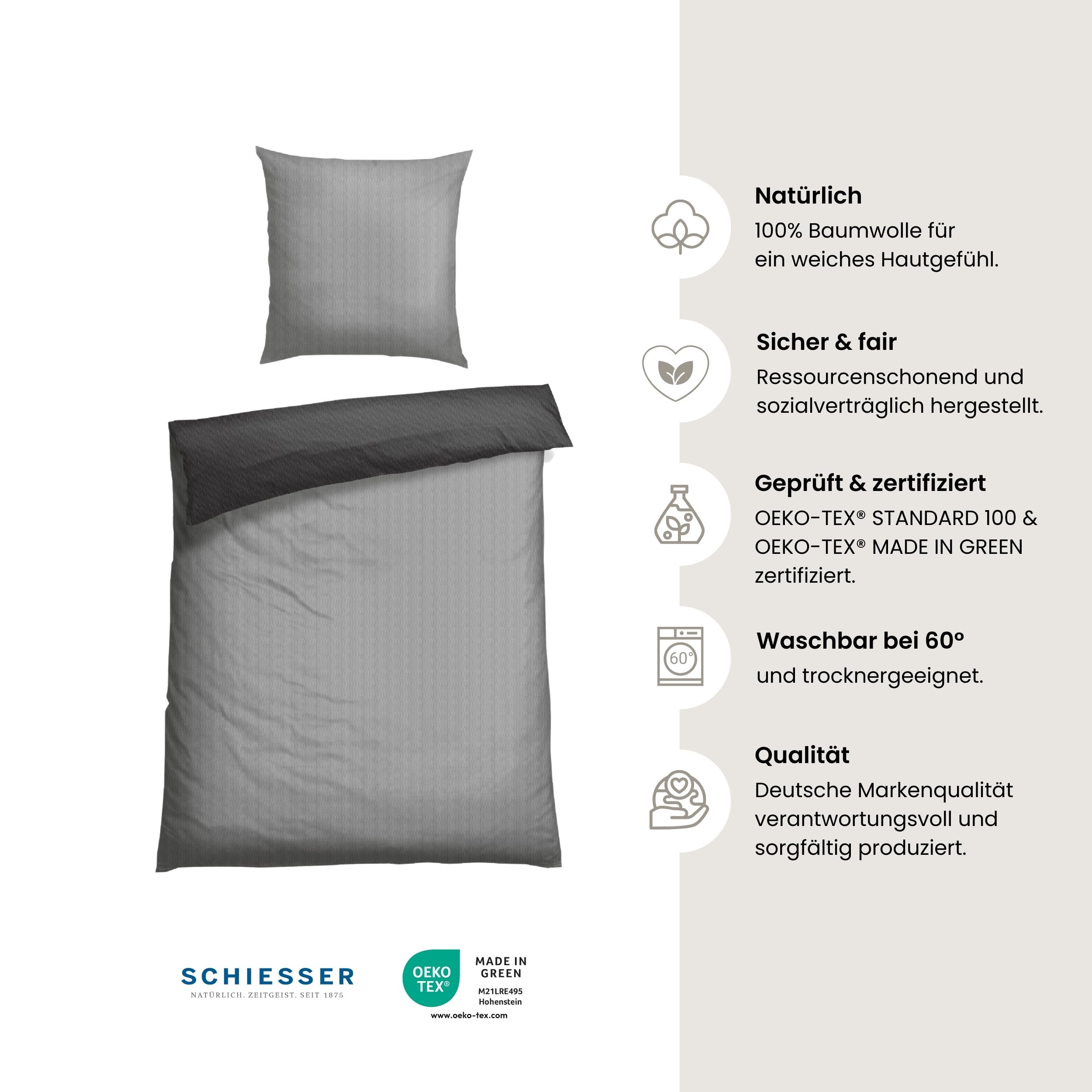 Schiesser Bettwäsche 135x200 cm | 100% Baumwolle | Grau | Strickoptik | 2-teilig | Renforcé | 135x200 cm + 80x80 cm | angenehm weich & glatt | pflegeleicht & atmungsaktiv | OEKO-TEX® MADE IN GREEN