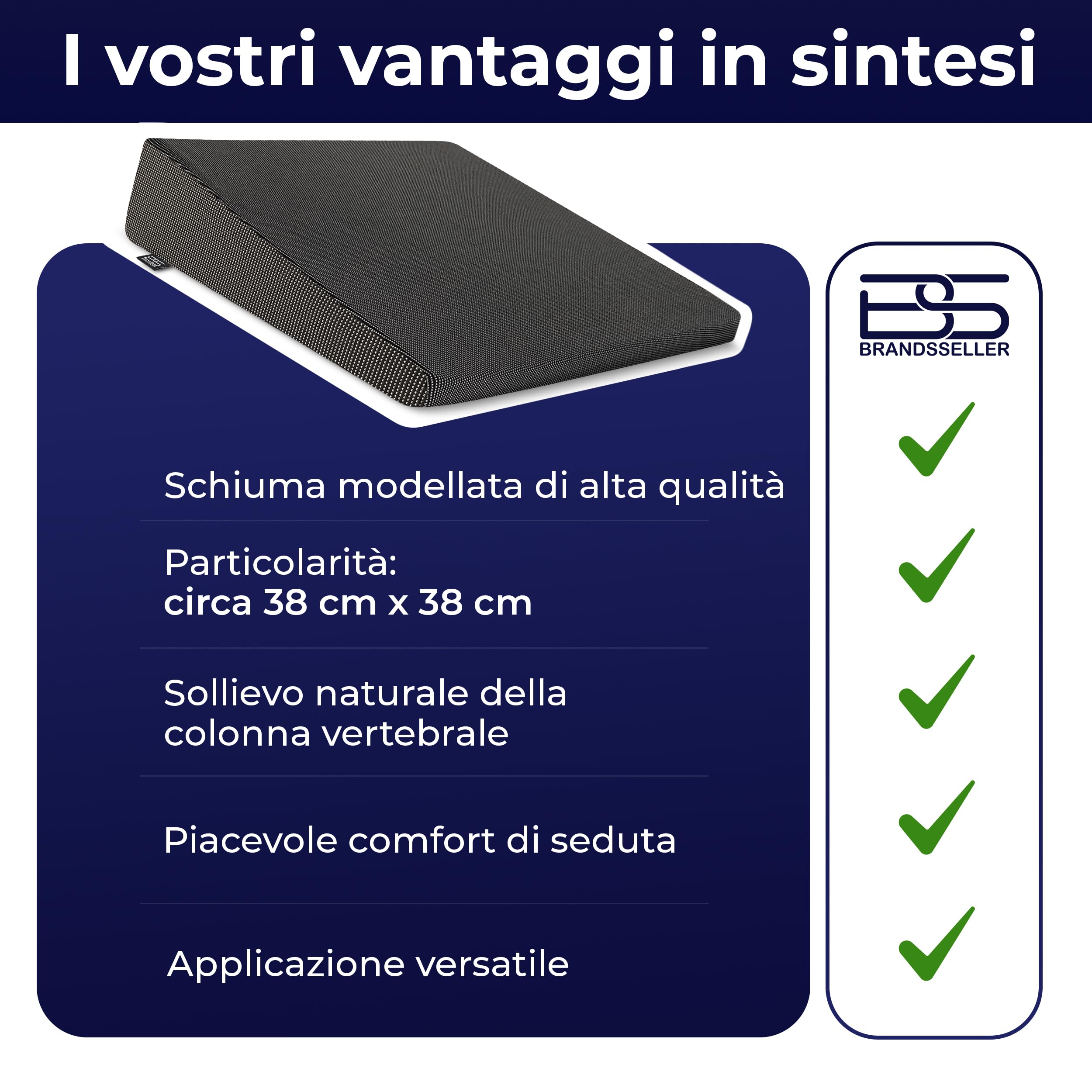 Cuscino a Cuneo 38x38x8/2 cm per Sedia, Ufficio e Auto, Cuscino Ergonomico per Seduta Corretta, Supporto per Schiena, Nero