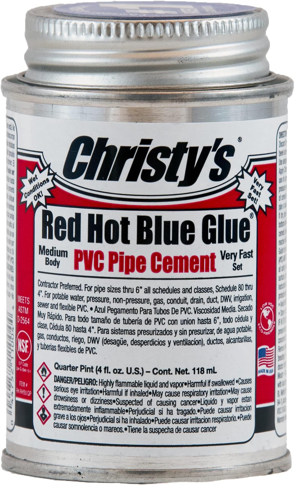 Christy's Red Hot Blue Glue PVC Cement - Medium Body, Very Fast Set, Low-VOC, 1/4 Pint (4 fl oz)