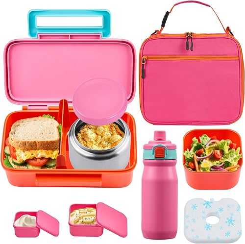 PIQUEBAR Lonchera Bento para niños con bolsa de almuerzo térmica de 8 onzas, con bolsa de almuerzo aislada, botella de agua aislada con popote para