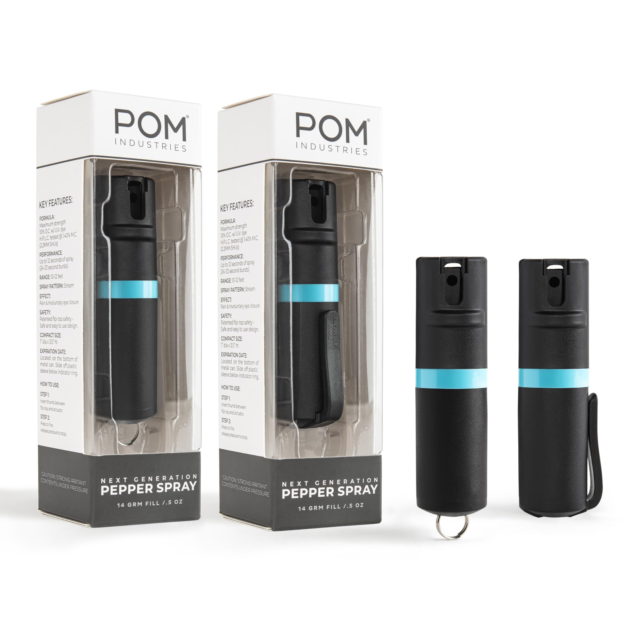 POM Pepper Spray Combo Pack Clip &amp; Keychain - Maximum Strength OC Spray Self Defense- Tactical Compact &amp; Safe Design - 25 Bursts &amp; 10 ft Range - Stream Spray Pattern