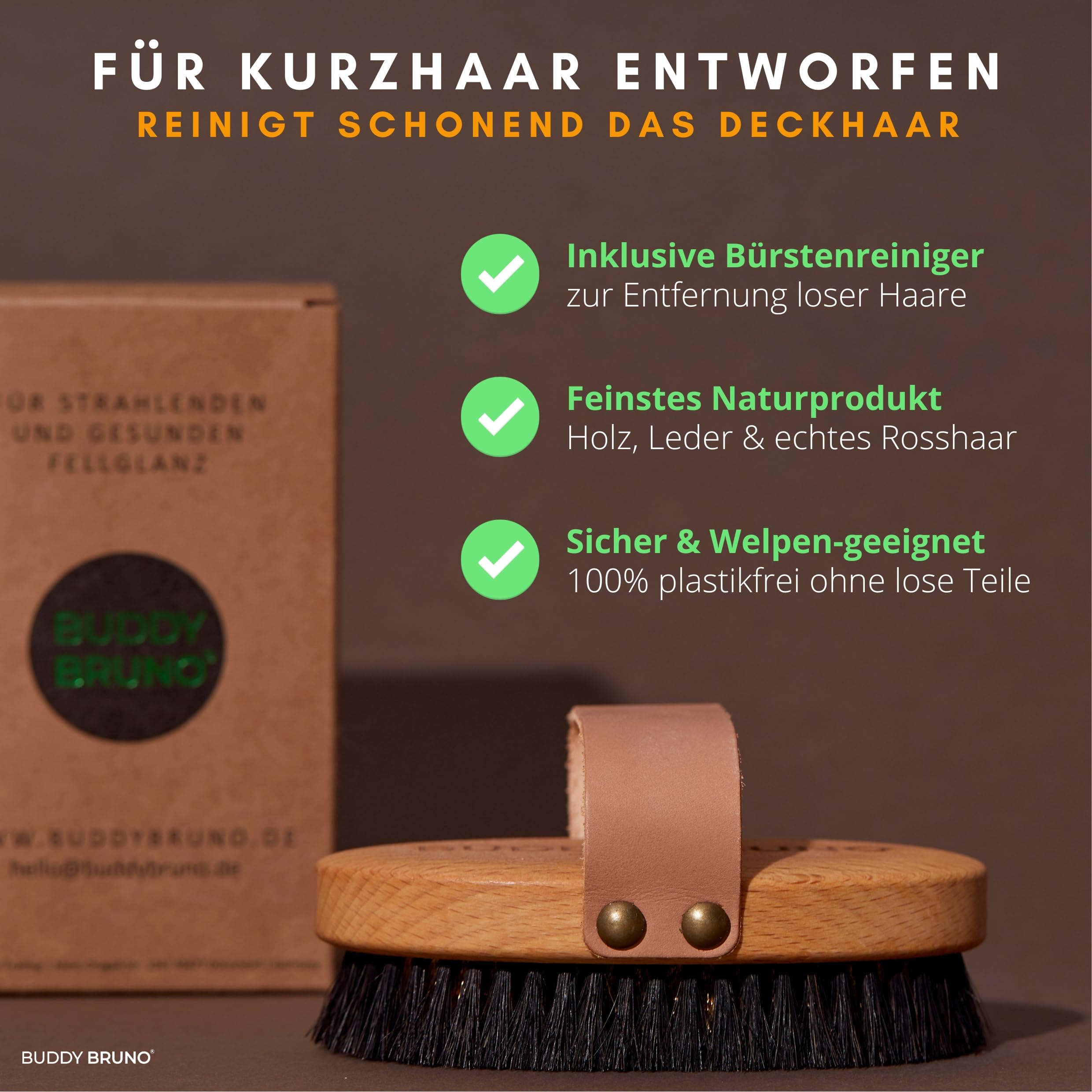 BUDDY BRUNO® Hundebürste Kurzhaar mit 100% Naturborsten, Fellbürste für die tägliche Fellpflege, Premium Striegel für Hunde & Katzenbürste, inkl. Bürstenreiniger, MADE IN DE