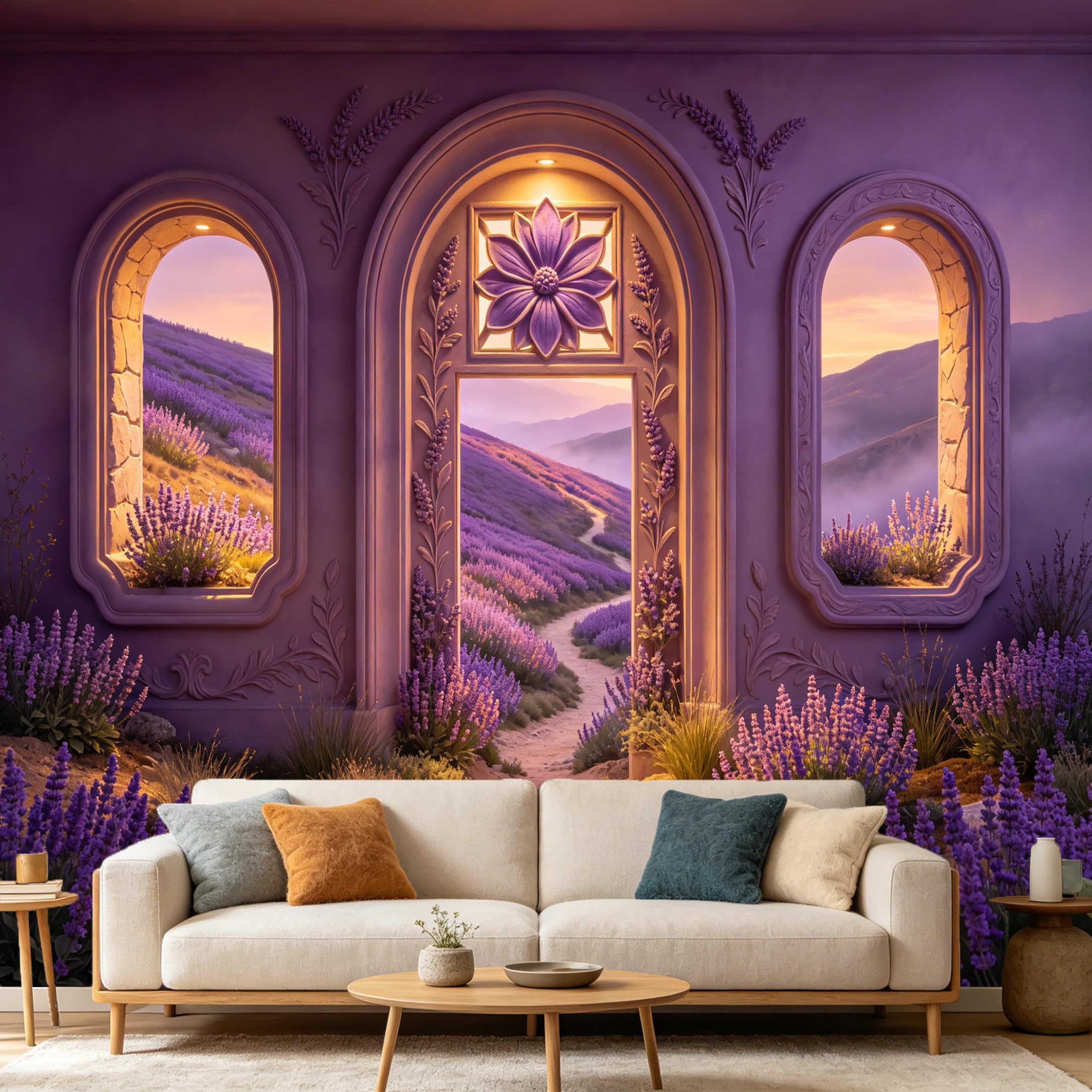 Custom Size Wall Mural， Lavender Field Sunset Archway Floral Landscape， SelfAdhesive Art Prints wall Fabric Removable Large Wallpaper Home Living Room Decor