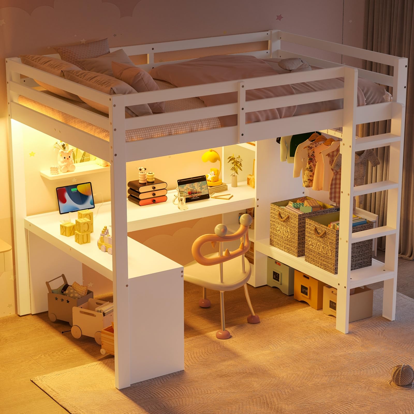 Sweiko Lit Mezzanine en Pin 90x200 cm avec Bureau Intégré, LED et USB