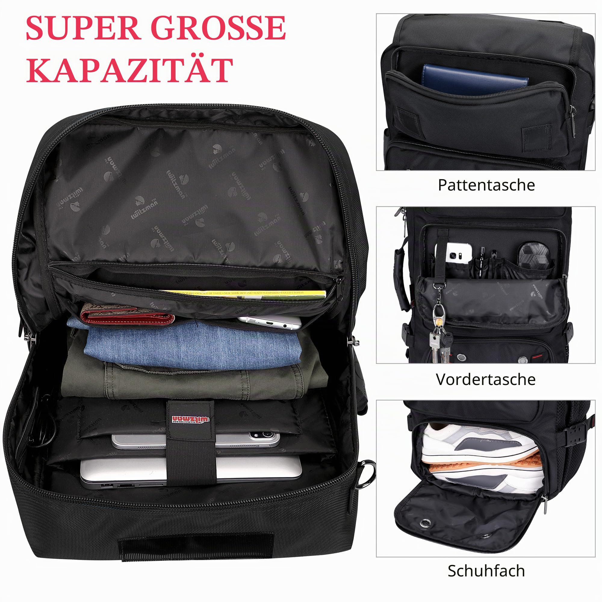 WITZMAN Nylon Reiserucksack Herren mit 16-Zoll-Laptopfach und Schuhfach | Großer Stauraum, Separates Fach und Flexible Nutzung, Ideal für Flugreisen, Urlaub und Geschäftsreisen, B682 Schwarz