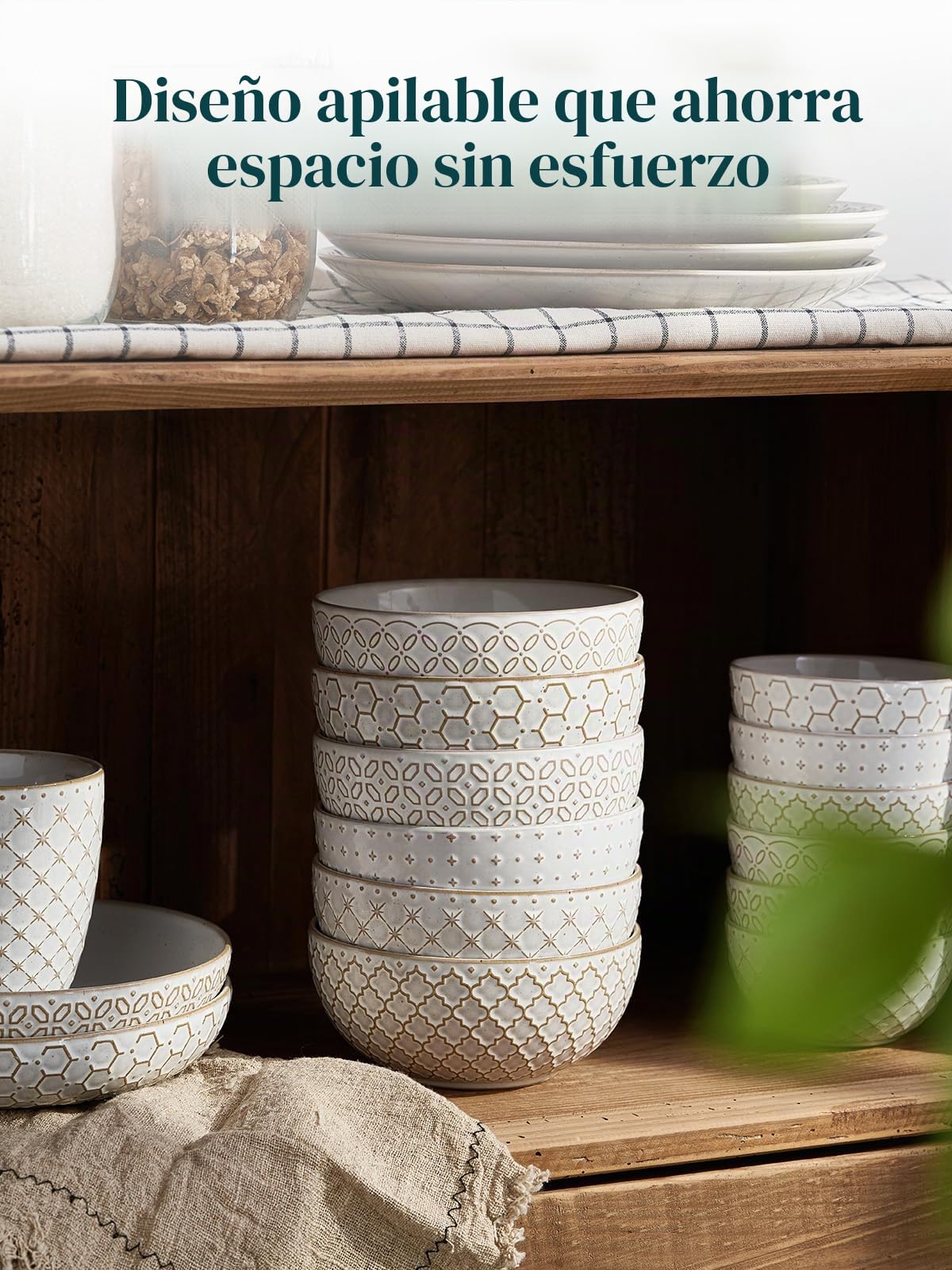 DOWAN Cuencos para Cereales, 800ml Juego de 6 Grandes Cuencos para Sopa, Φ15.2cm Cuencos de Cocina con Relieve para Avena, Ensalada, Pho, Frutas, Fideos, Ramen | Vintage Blanco